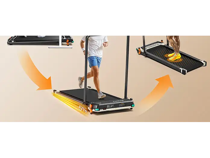 Una persona corriendo en una caminadora con un 5 por ciento de inclinación, mostrada con flechas naranjas y miniaturas.