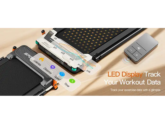 Una caminadora con pantalla LED y control remoto que rastrea datos de entrenamiento como calorías, distancia y tiempo.