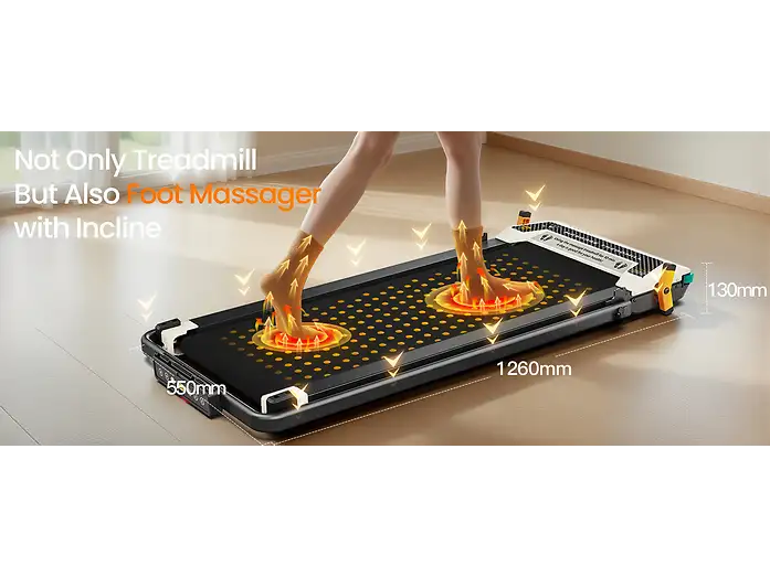Una caminadora plegable con función de masaje de pies y dimensiones en milímetros.
