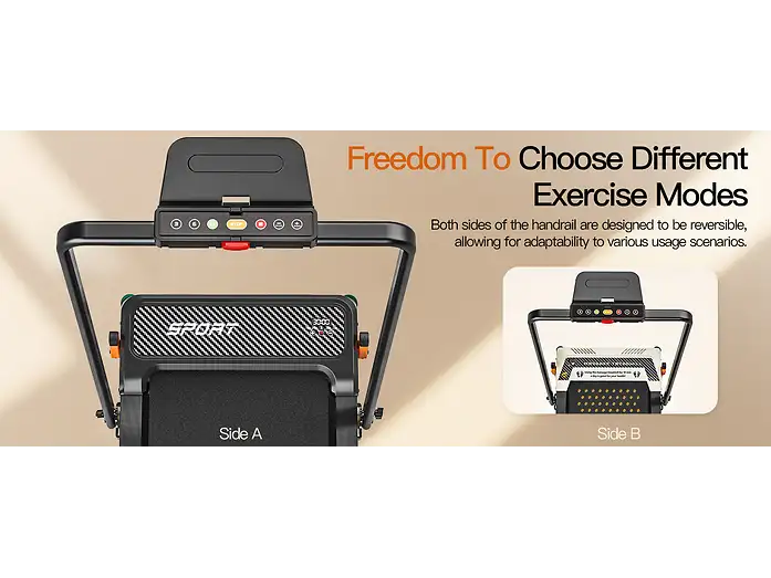 Una caminadora plegable con pantalla digital y dos lados diferentes para varios modos de ejercicio.