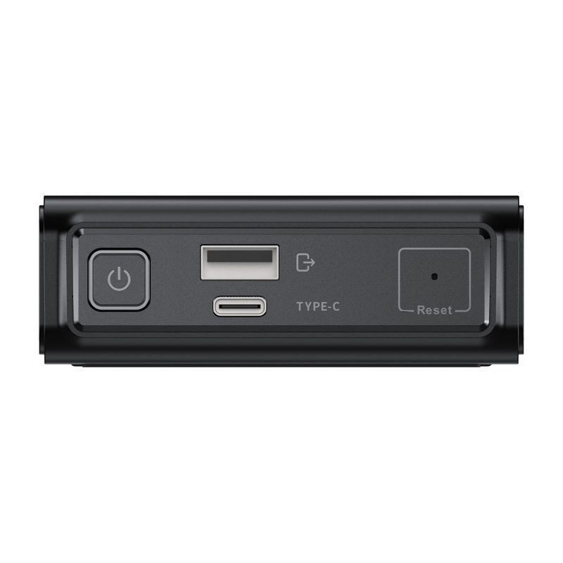 Dispositivo nero con pulsante di accensione, USB, porta Type-C e pulsante di reset.