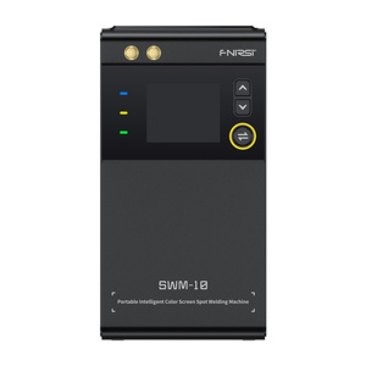Una saldatrice a punti portatile SWM-10 nera con schermo a colori e pulsanti.