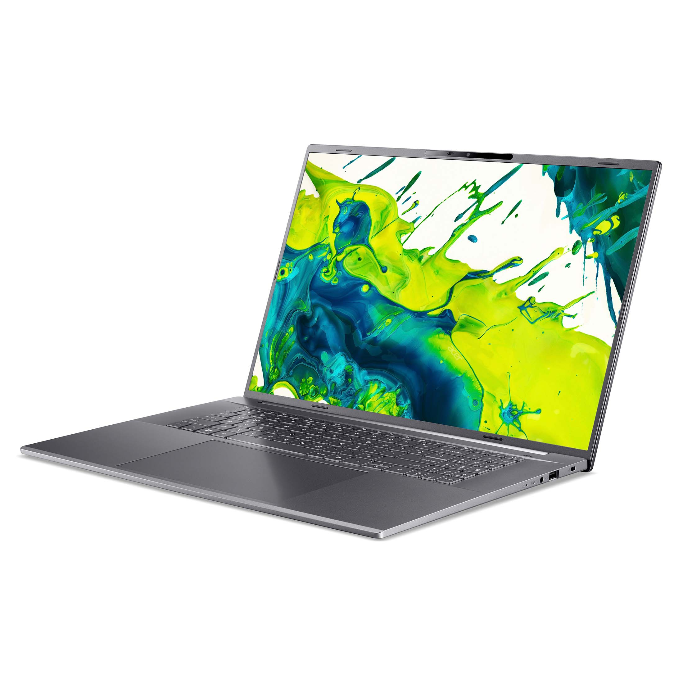 Ein grauer Laptop auf weißem Hintergrund zeigt auf dem Bildschirm ein farbenfrohes, abstraktes Design.
