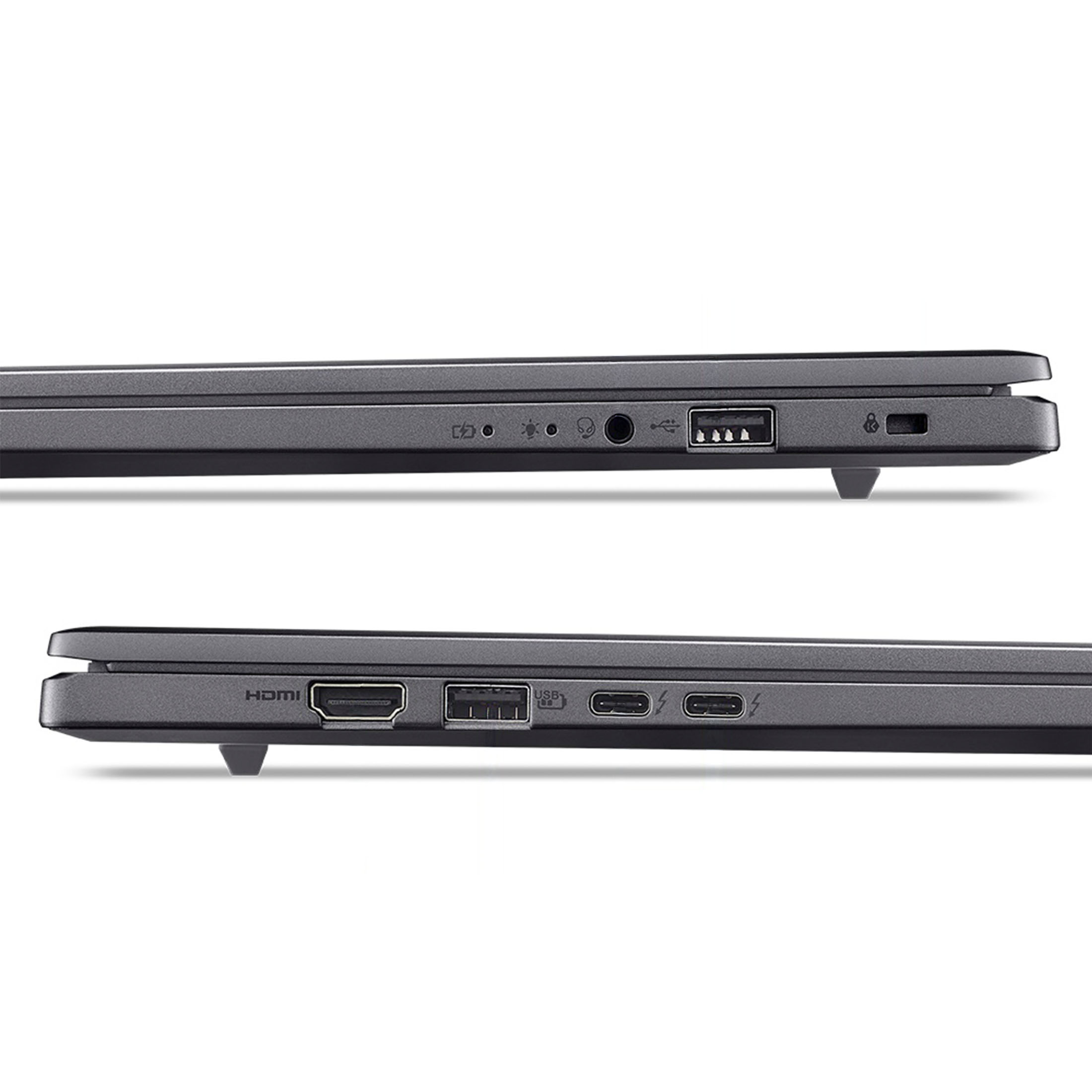Seitenansichten eines grauen Laptops mit Anschlüssen wie USB, HDMI und USB-C.