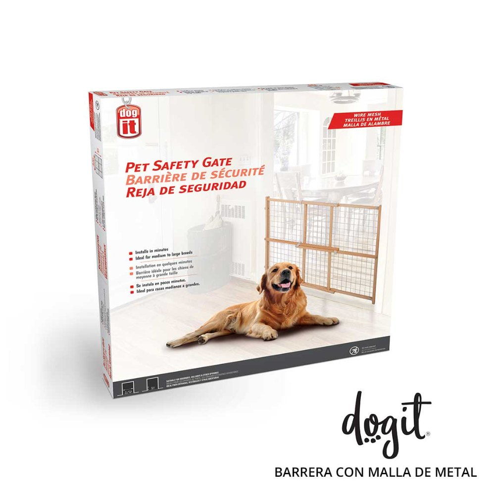 Caja de producto de reja de seguridad Dogit con un golden retriever tumbado y una reja de madera al fondo.
