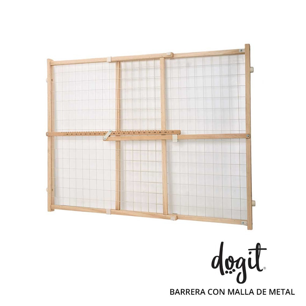 Una barrera de madera para mascotas con malla metálica sobre fondo blanco, con el logotipo de dogit.