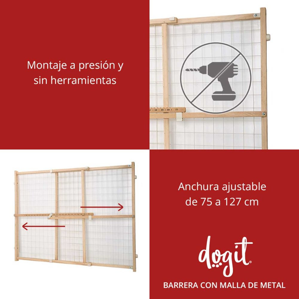 Barrera de seguridad Dogit de malla metálica con ancho ajustable y montaje sin herramientas.