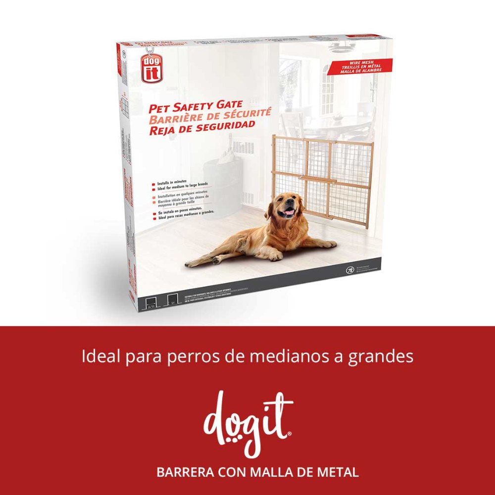 Caja de producto de una reja de seguridad para perros, con un golden retriever y sala.