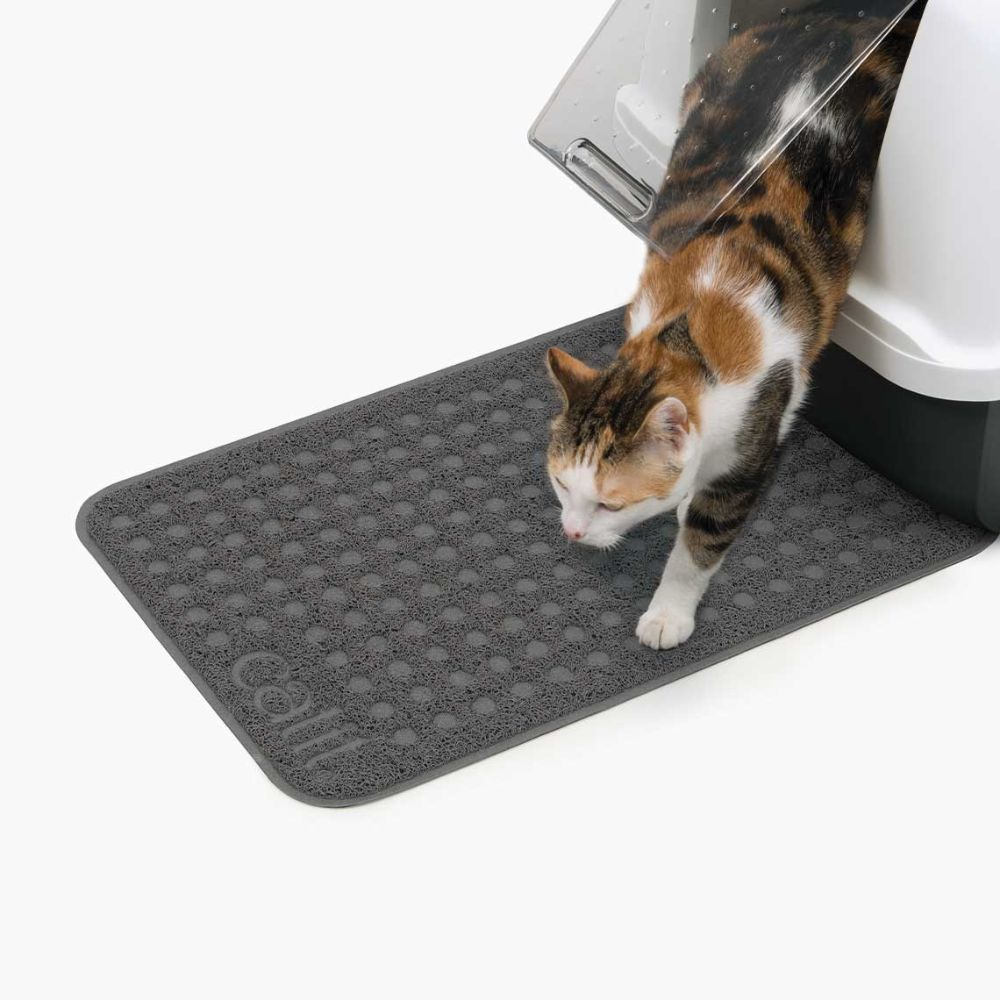 Un gato calico sale de un arenero sobre una alfombrilla gris.