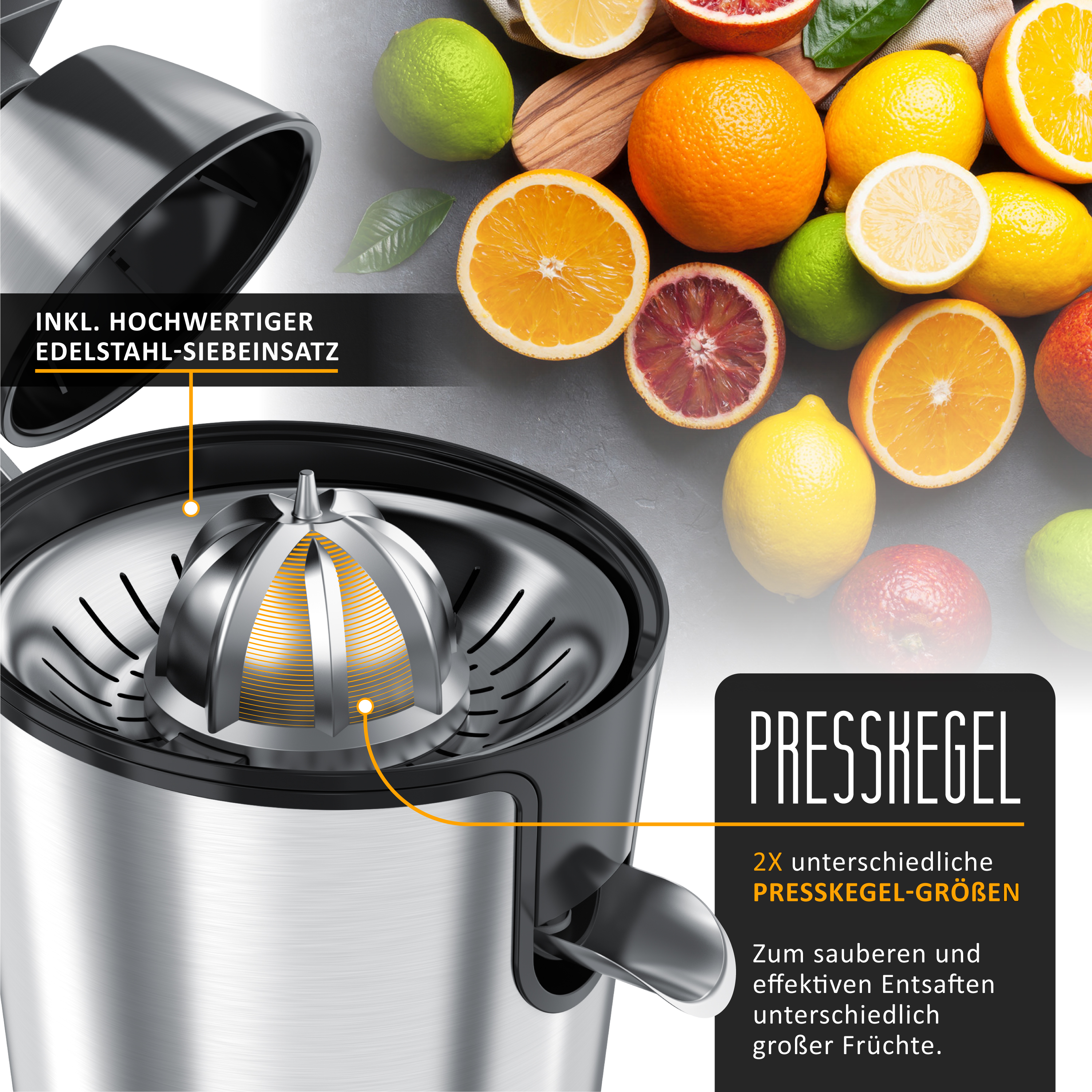 Edelstahl-Zitruspresse mit Presskegel, Siebeinsatz und verschiedenen frischen Früchten im Hintergrund.