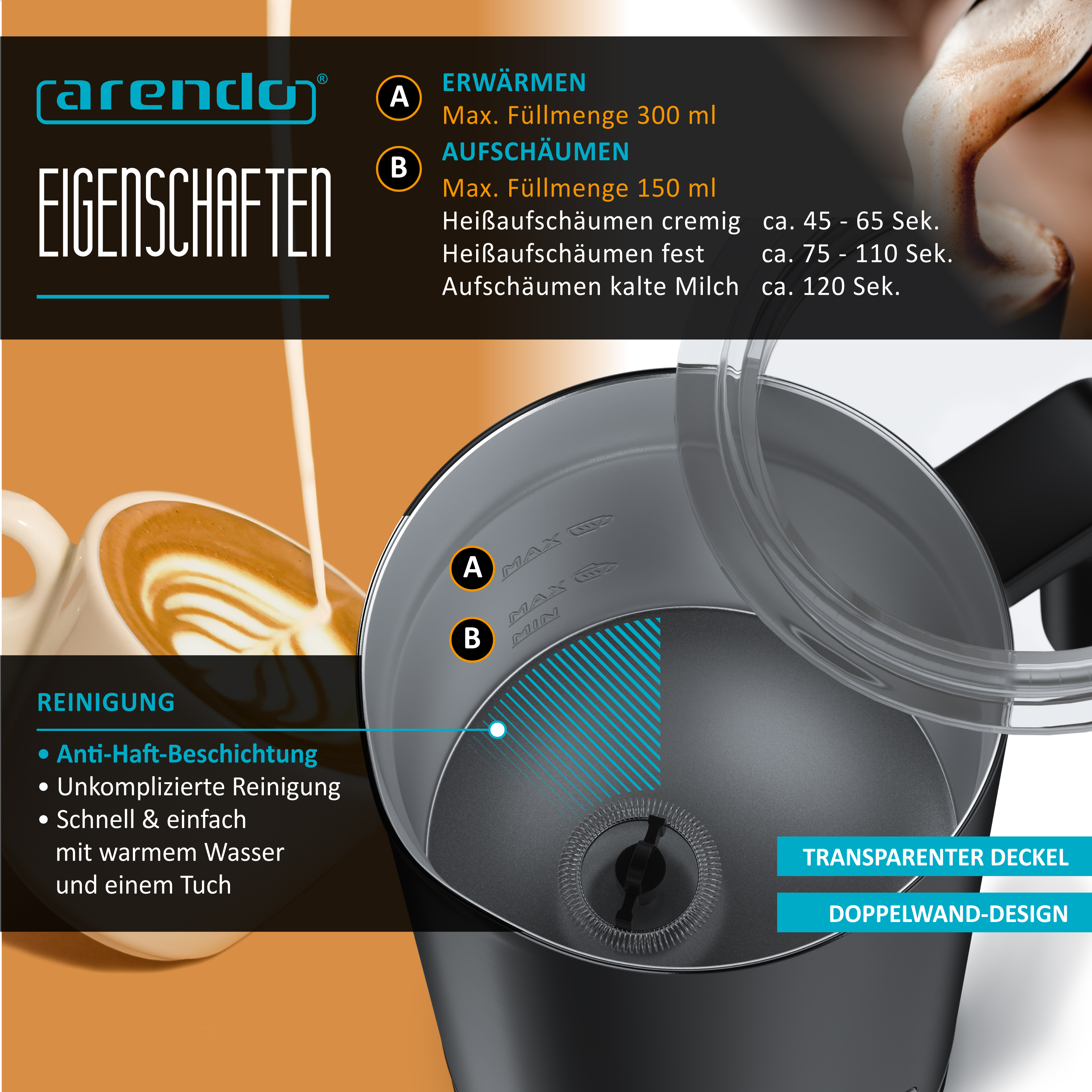 Arendo Milchaufschäumer Infografik mit Kapazitäten und Funktionen auf orangefarbenem Hintergrund.