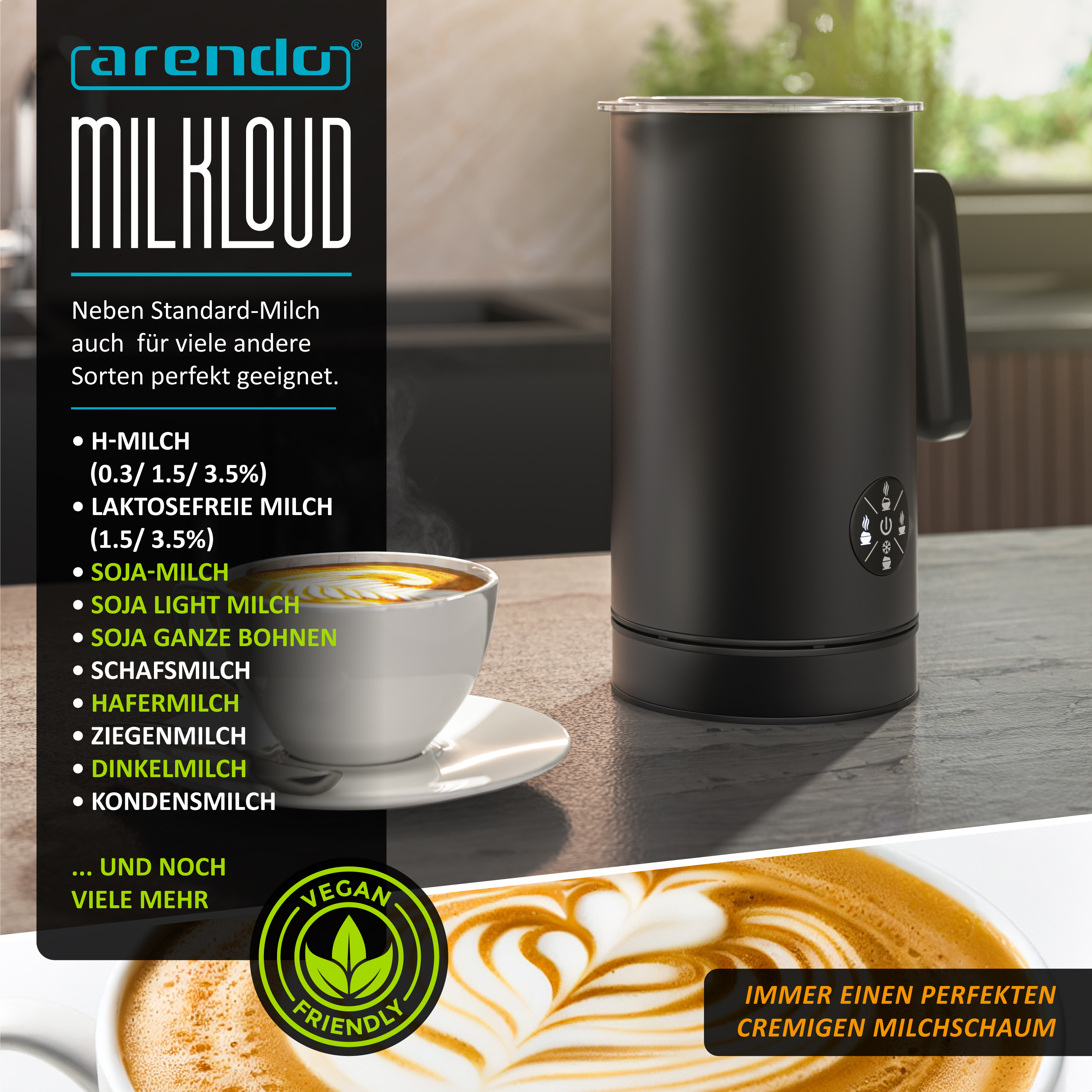 Ein schwarzer Arendo Milchaufschäumer steht auf einer Theke neben einer Tasse Cappuccino.