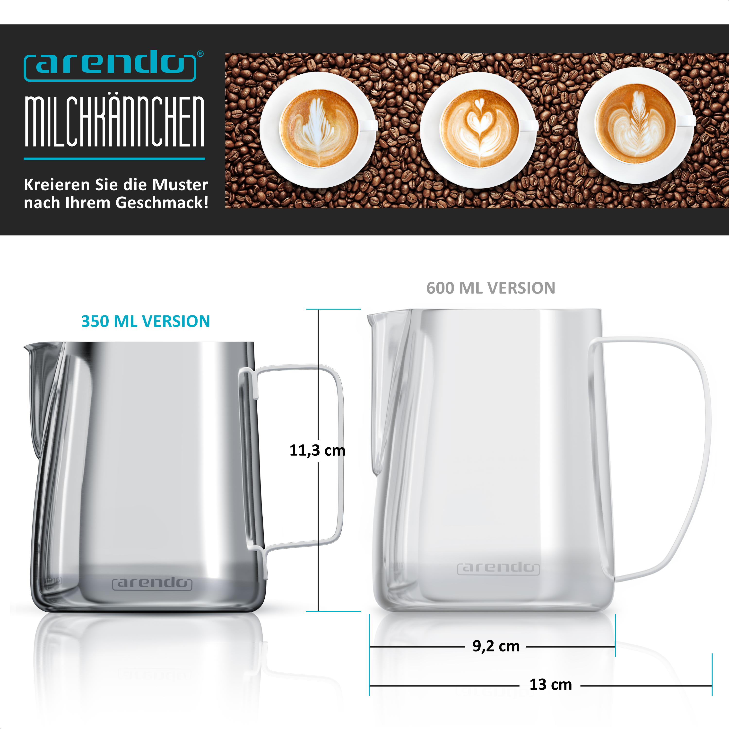 Zwei Arendo Milchkännchen mit 350 ml und 600 ml Fassungsvermögen und Maßangaben.