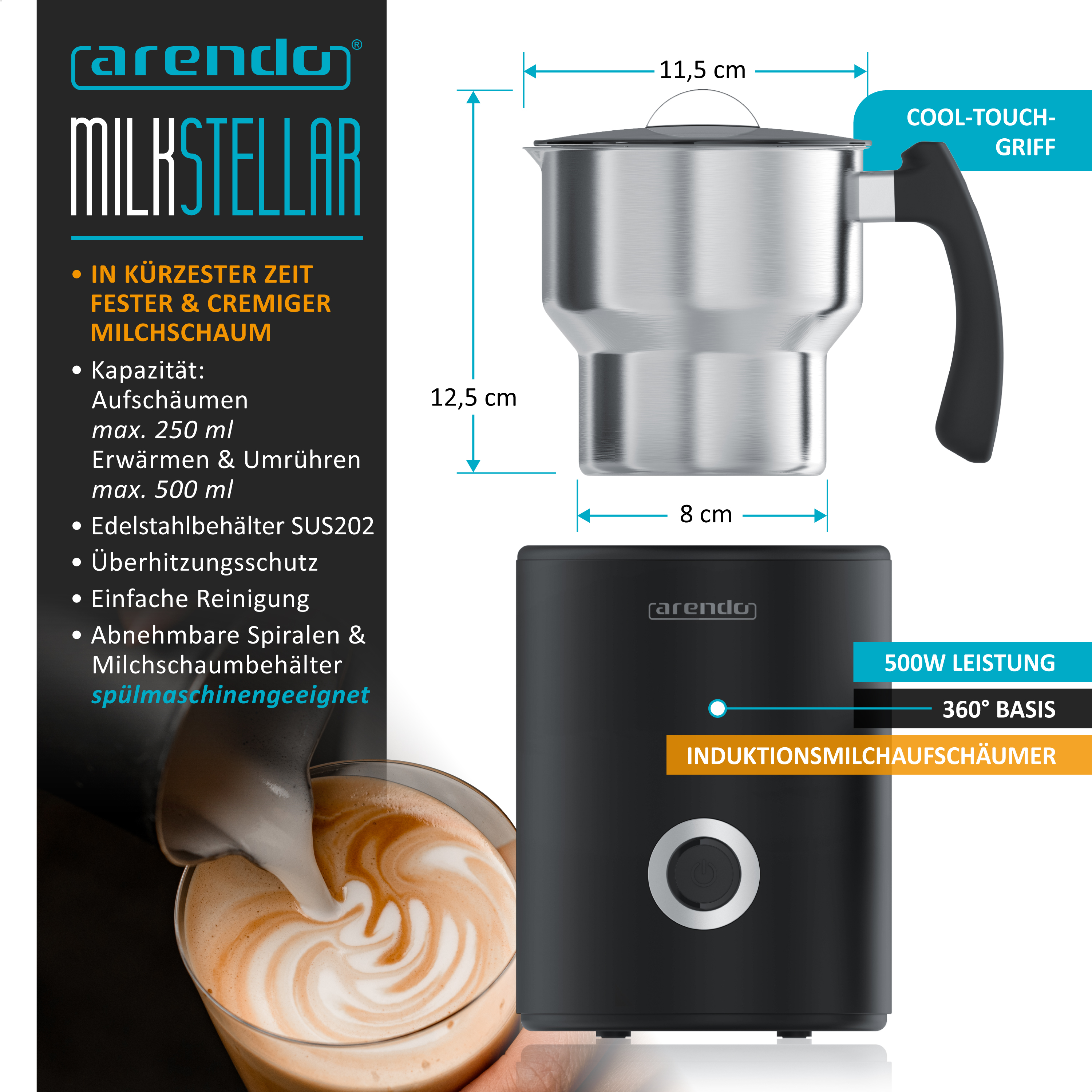 Arendo Induktionsmilchaufschäumer mit Edelstahlbehältnis, Maßen, schwarzer Basis und Kaffeetasse unten.