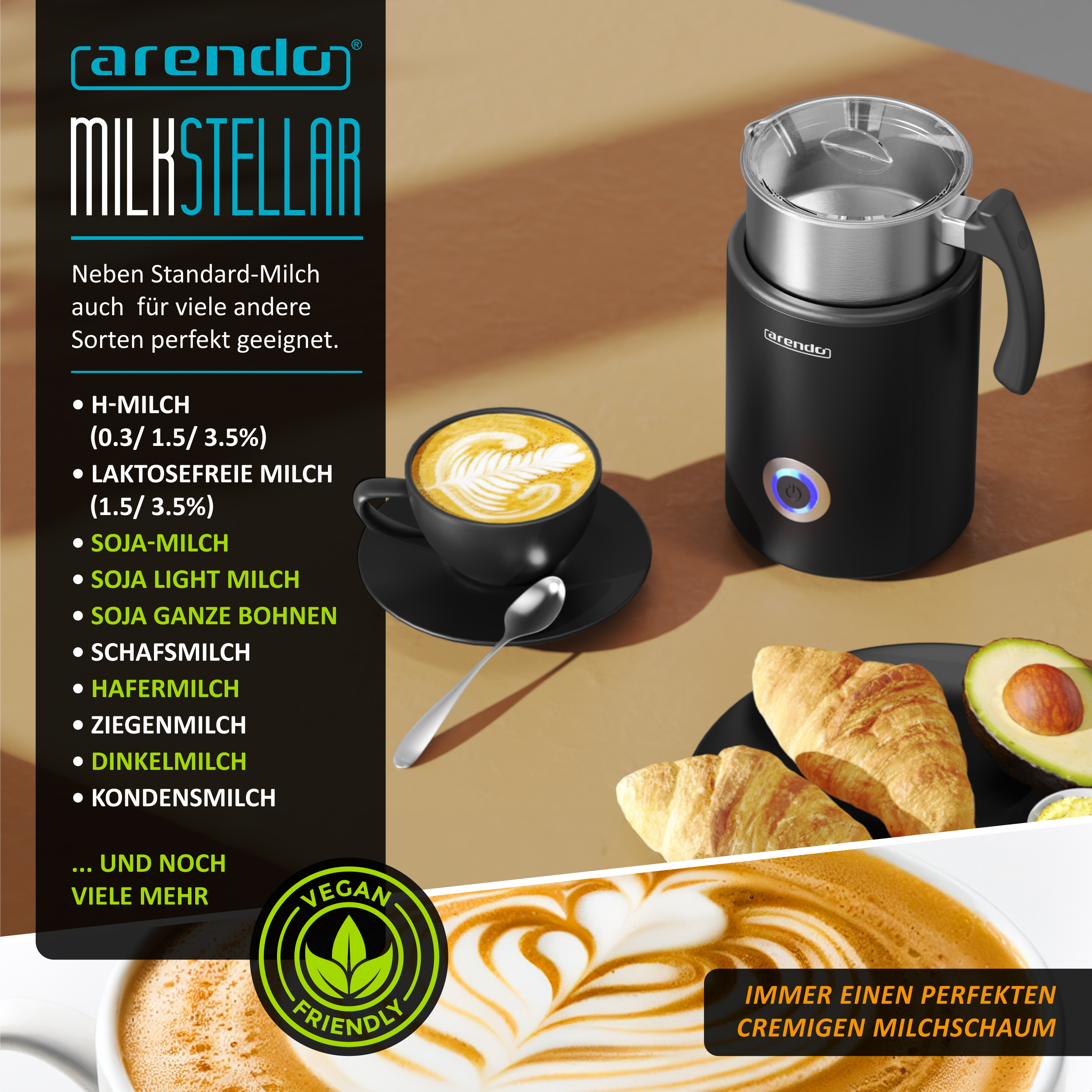 Schwarzer Milchaufschäumer, Cappuccino in Tasse, Croissants und Avocado auf Holztisch mit Text.