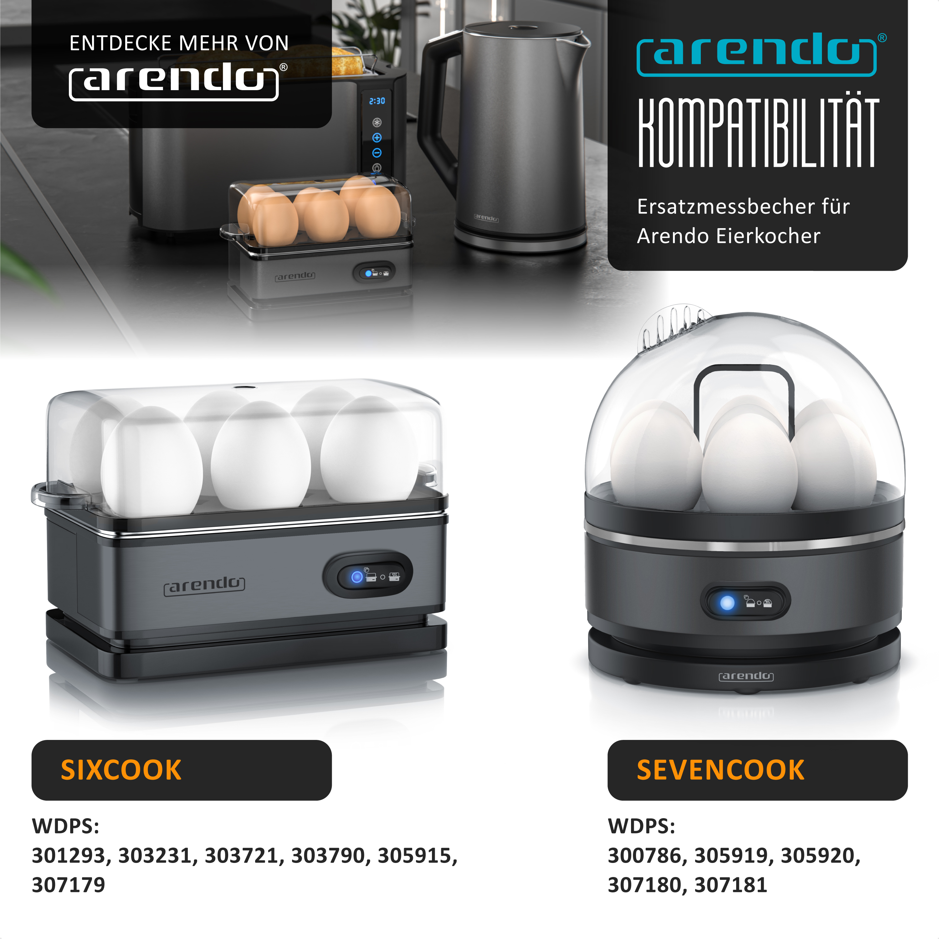 Arendo Eierkocher Modelle Sixcook und Sevencook mit transparenten Hauben und Eiern aufgereiht.