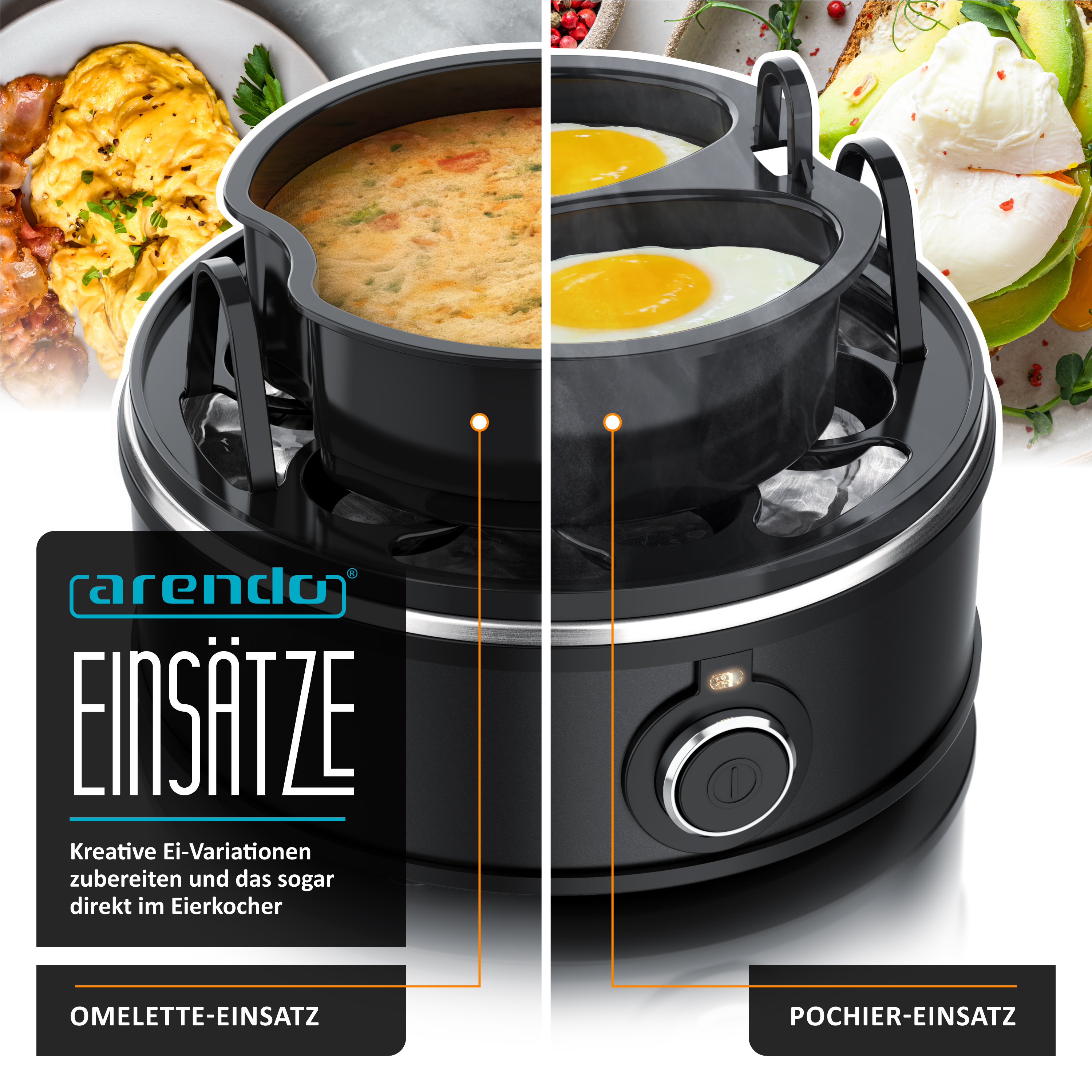 Ein schwarzer Eierkocher mit Einsätzen für Omeletts und zum Pochieren, umgeben von Eierspeisen.