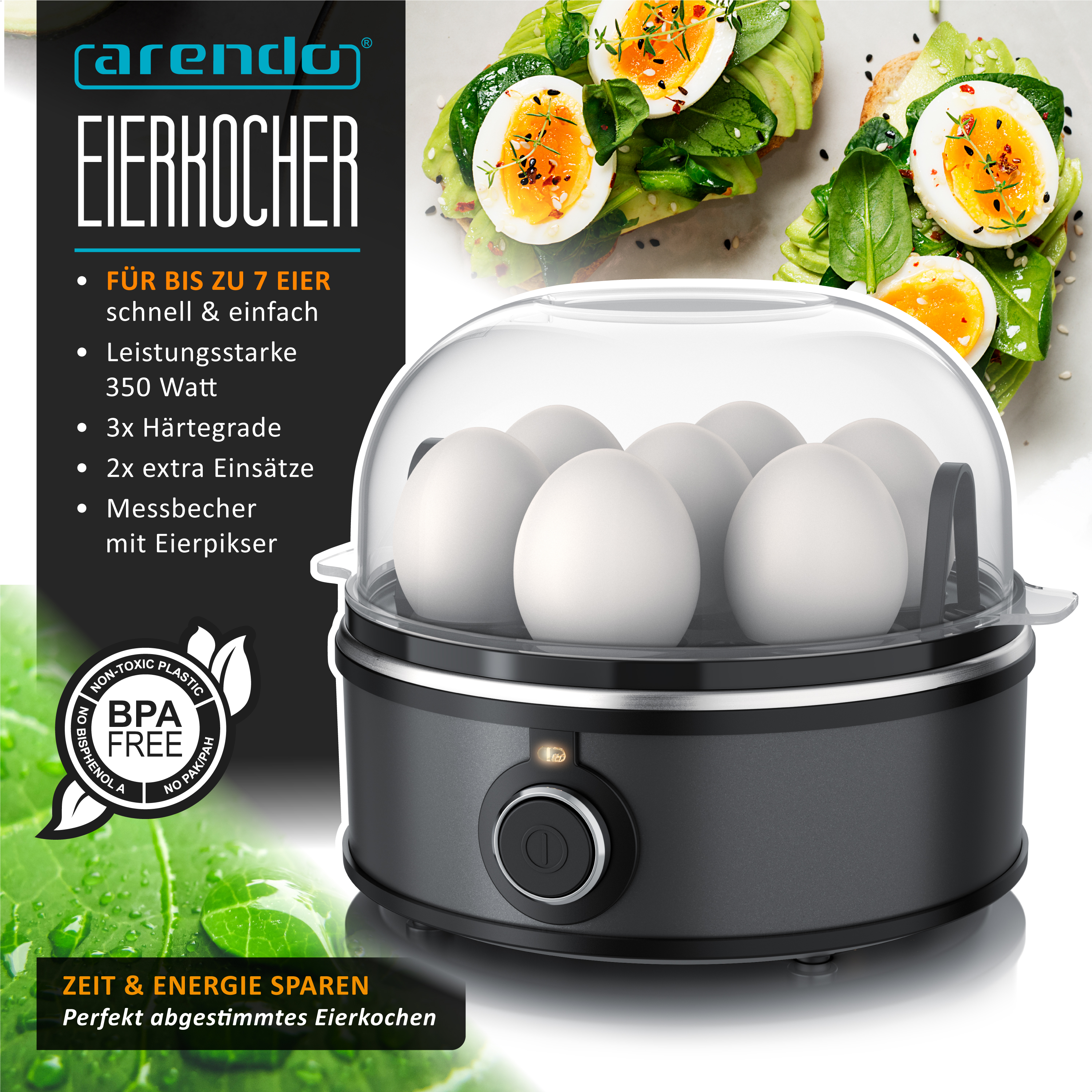 Ein grauer Arendo Eierkocher mit glasklarem Deckel und sieben Eiern, daneben Text und Avocado-Toasts.