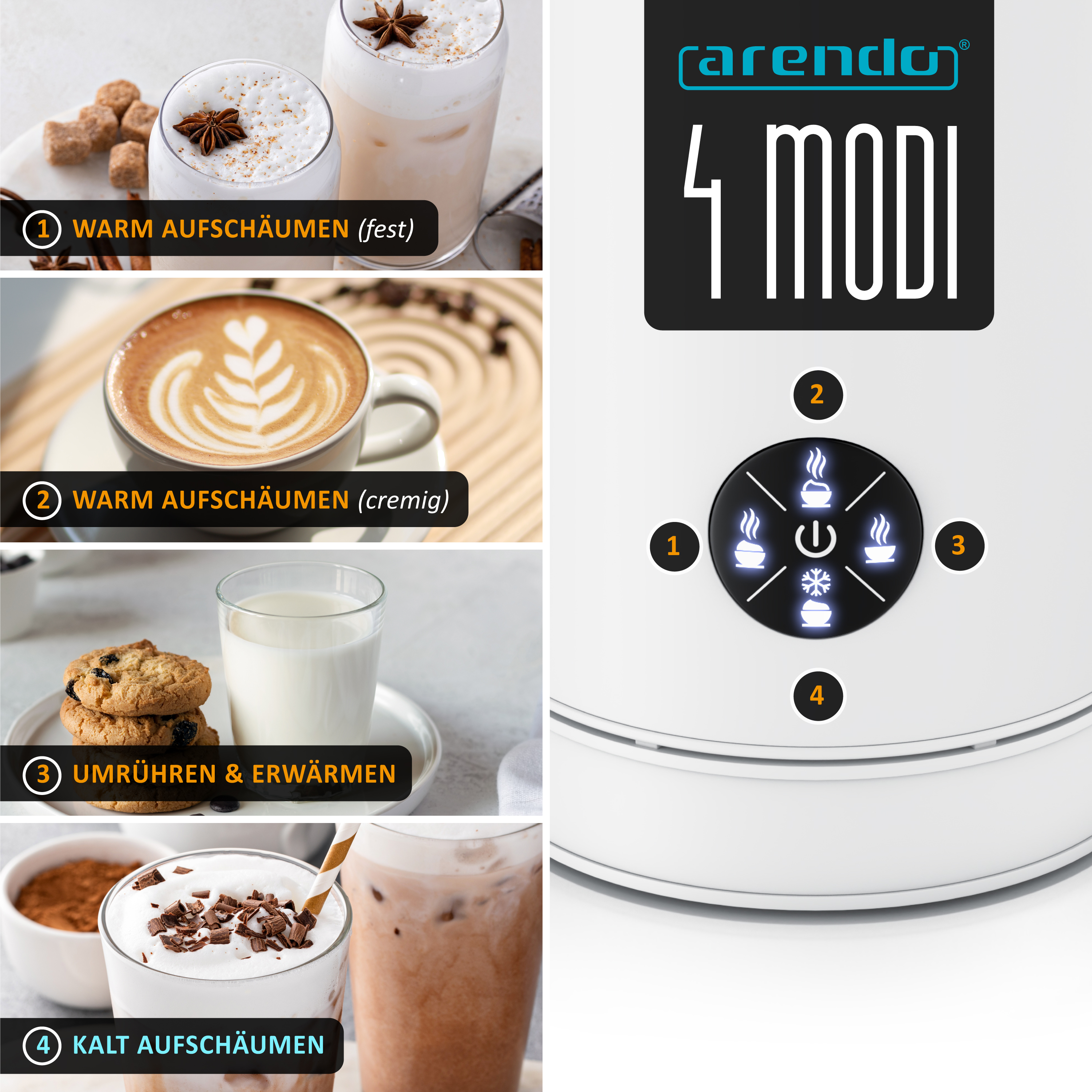 Arendo 4 Modi Milchaufschäumer mit vier Betriebsmodi und Beispieldrinks für jeden Modus.