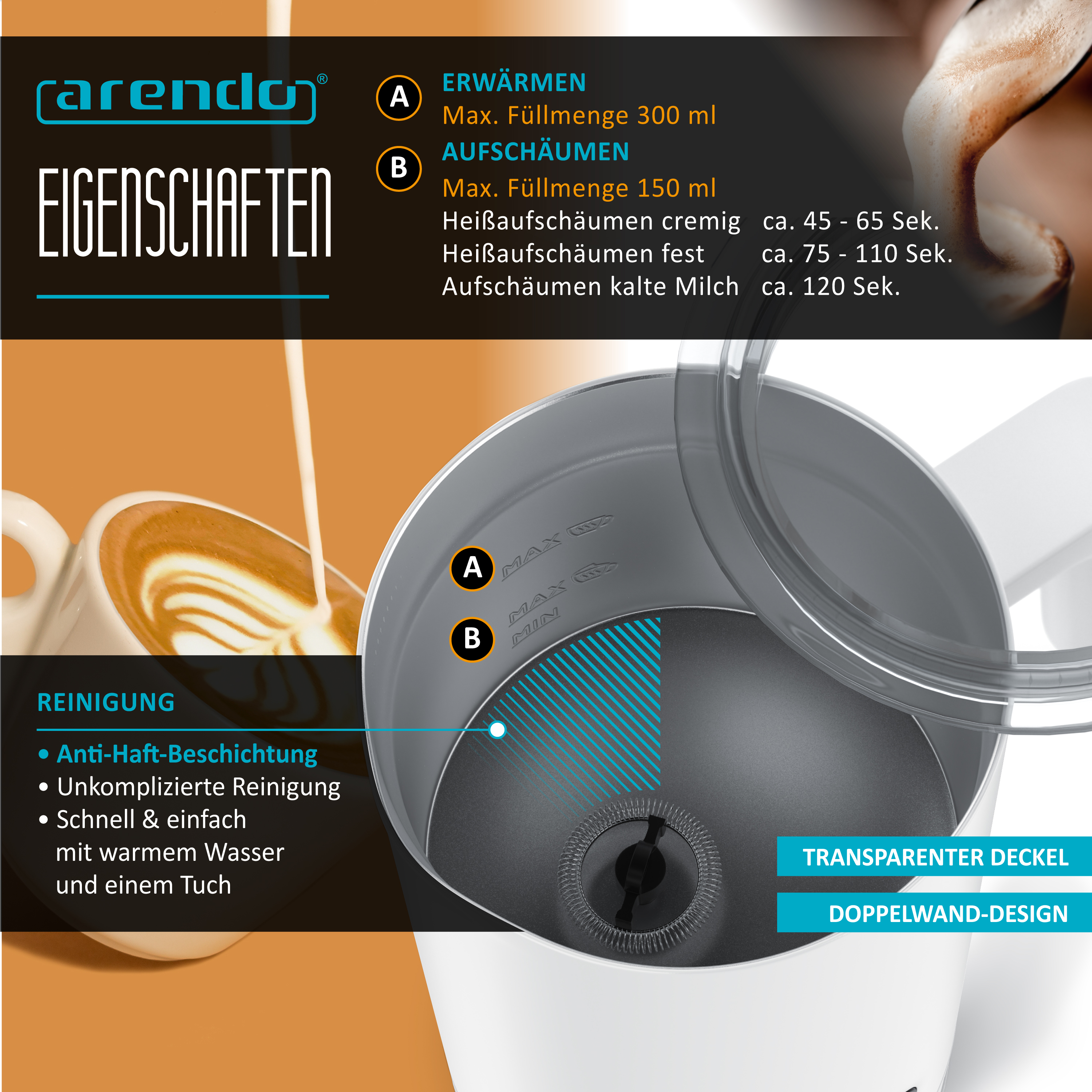 Arendo Milchaufschäumer Infografik mit Funktionen, Reinigungshinweisen und dem geöffneten Gerät.