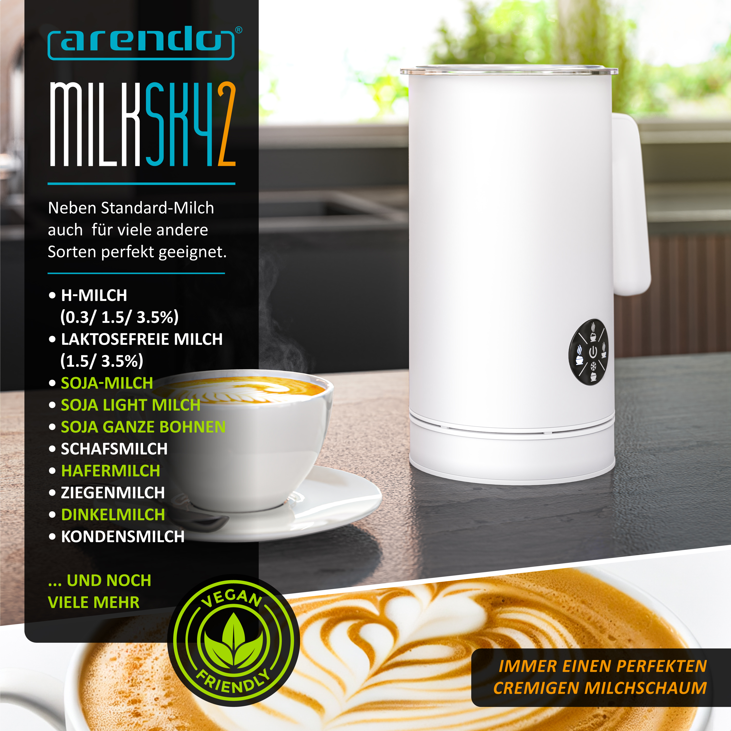 Weißer Milchaufschäumer auf Holztisch neben einer Tasse Cappuccino und Texttafel mit Markenlogo.