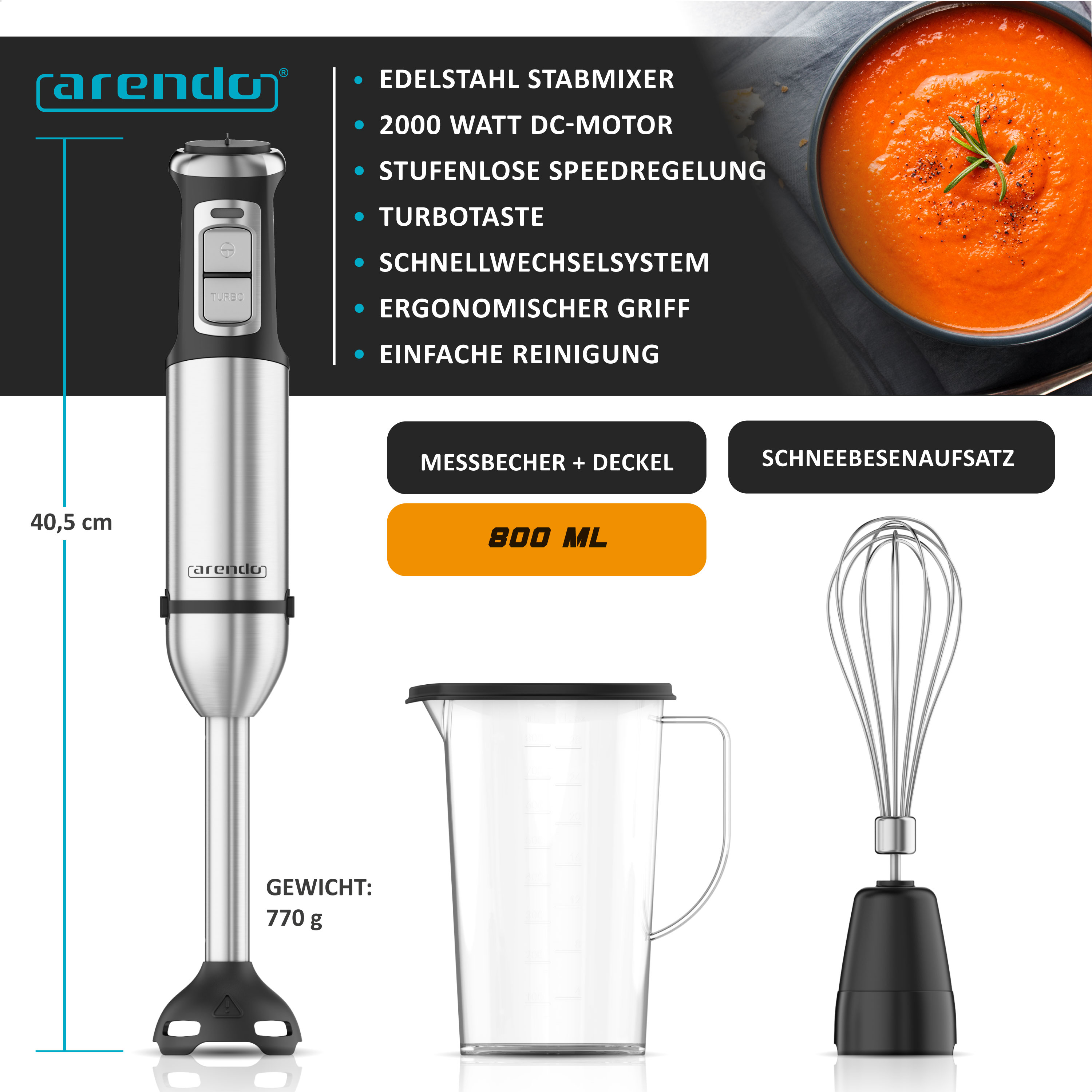 Arendo Stabmixer mit Zubehör und technischen Daten auf schwarzem Hintergrund.