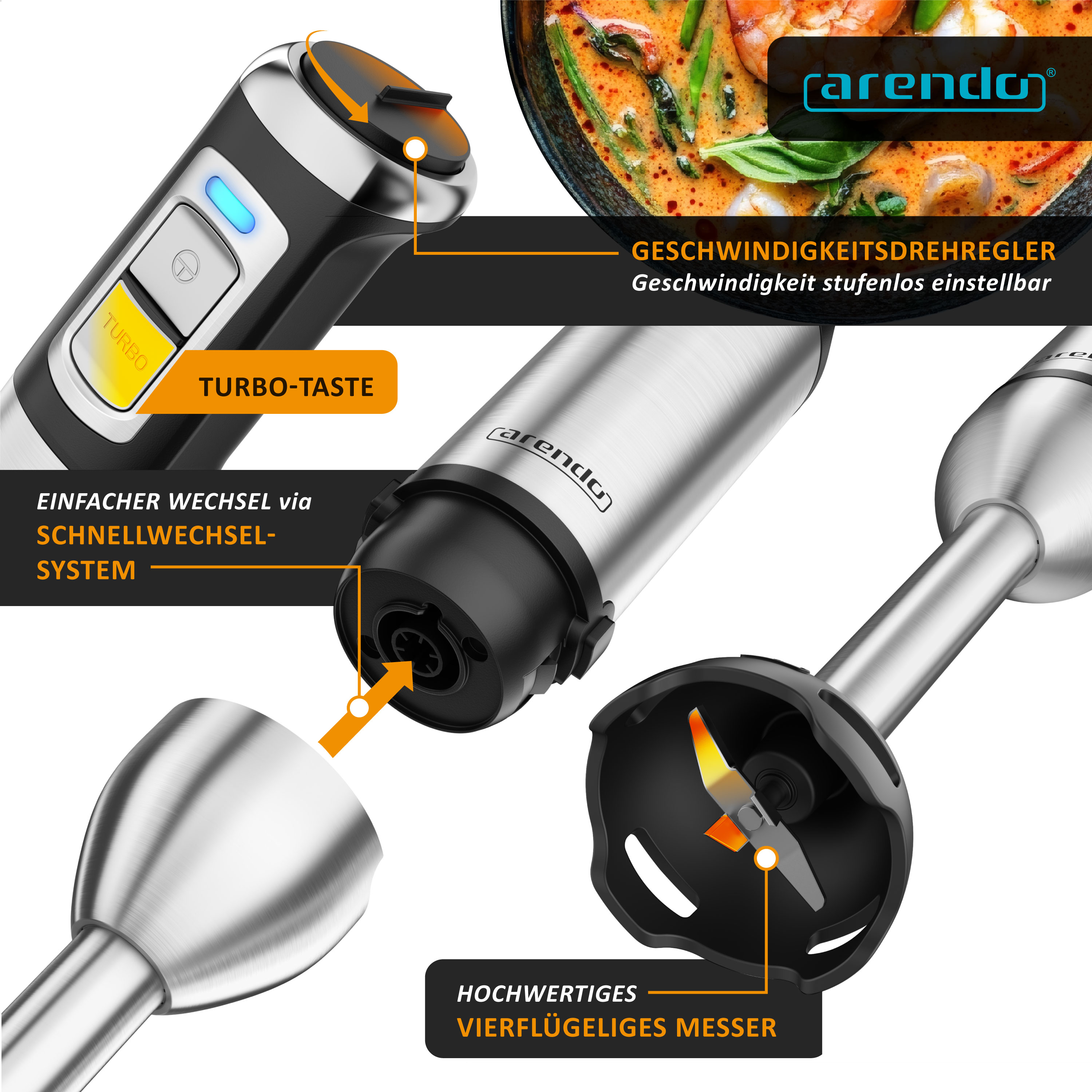 Infografik zeigt Arendo-Stabmixer mit Details wie Geschwindigkeitsregler, Turbo-Taste und Messer.