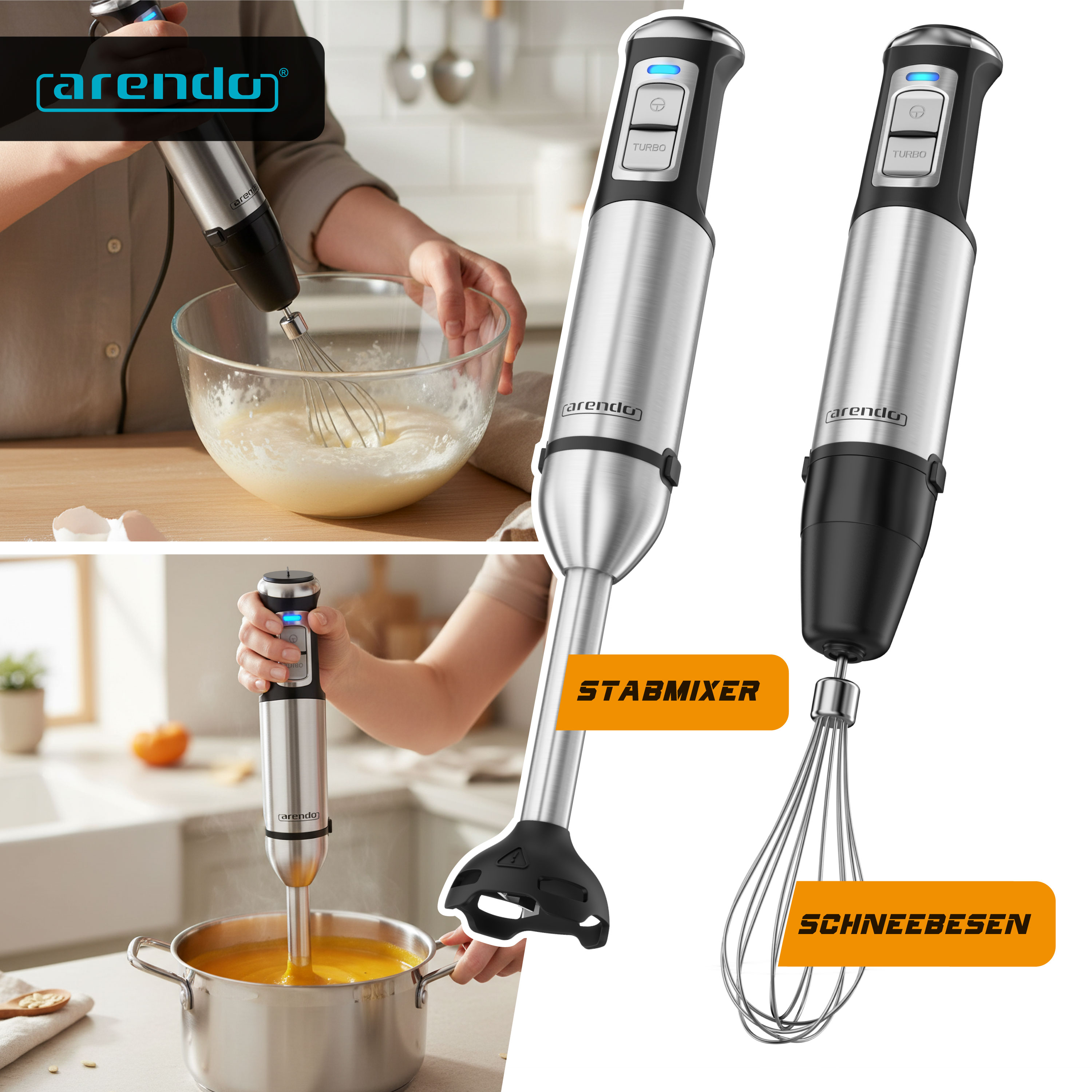 Arendo Stabmixer mit Schneebesen beim Mischen und Suppekochen in der Küche.