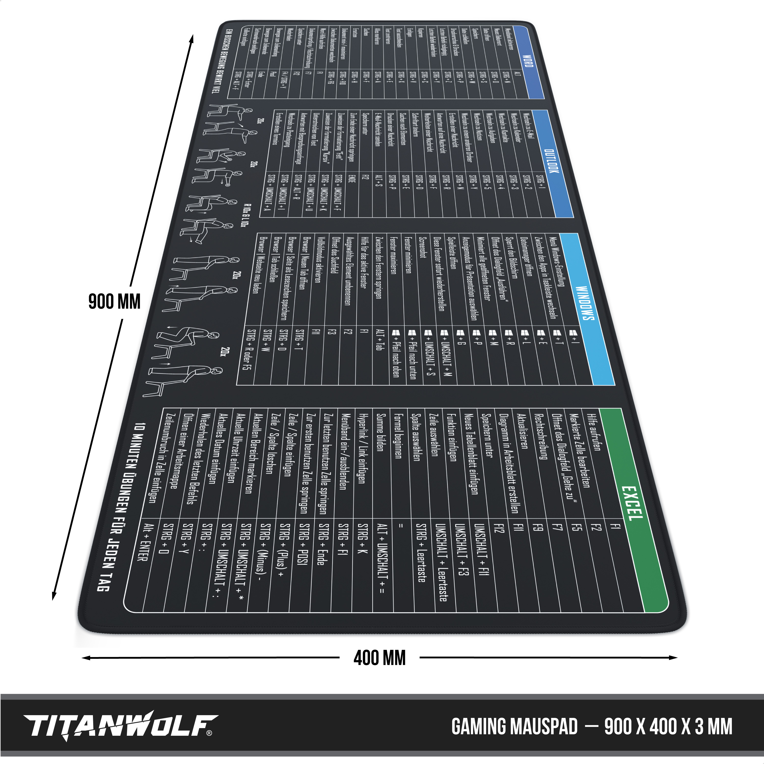 Titanwolf Gaming-Mauspad mit Tastatur-Shortcuts für Excel, Word, Outlook und Windows sowie Stapo-Übungen.