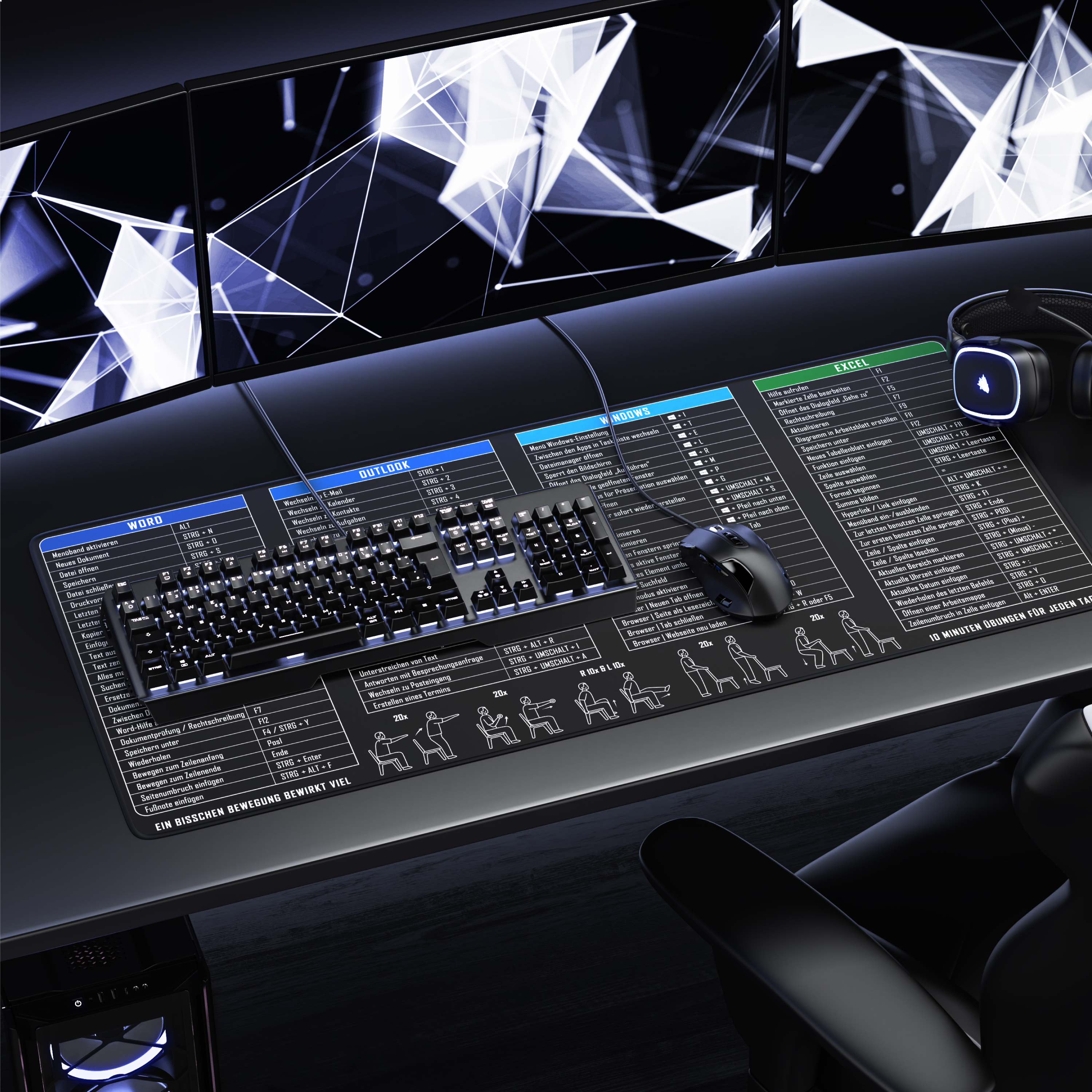 Moderner Arbeitsplatz mit vier Monitoren, Tastatur und Shortcut-Mauspad.
