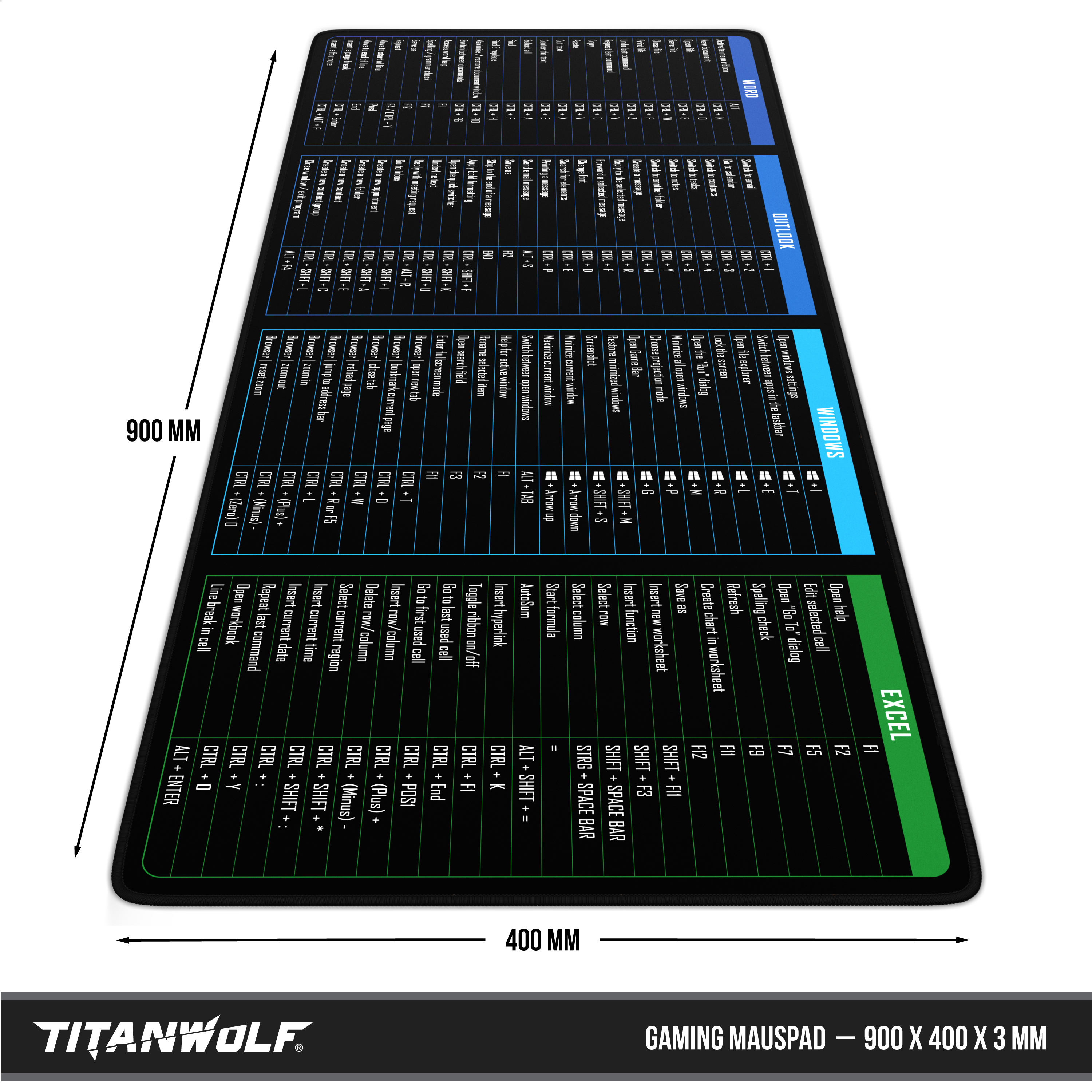 Titanwolf Gaming-Mauspad mit Shortcuts für Word, Outlook, Windows und Excel, 900x400x3 mm.