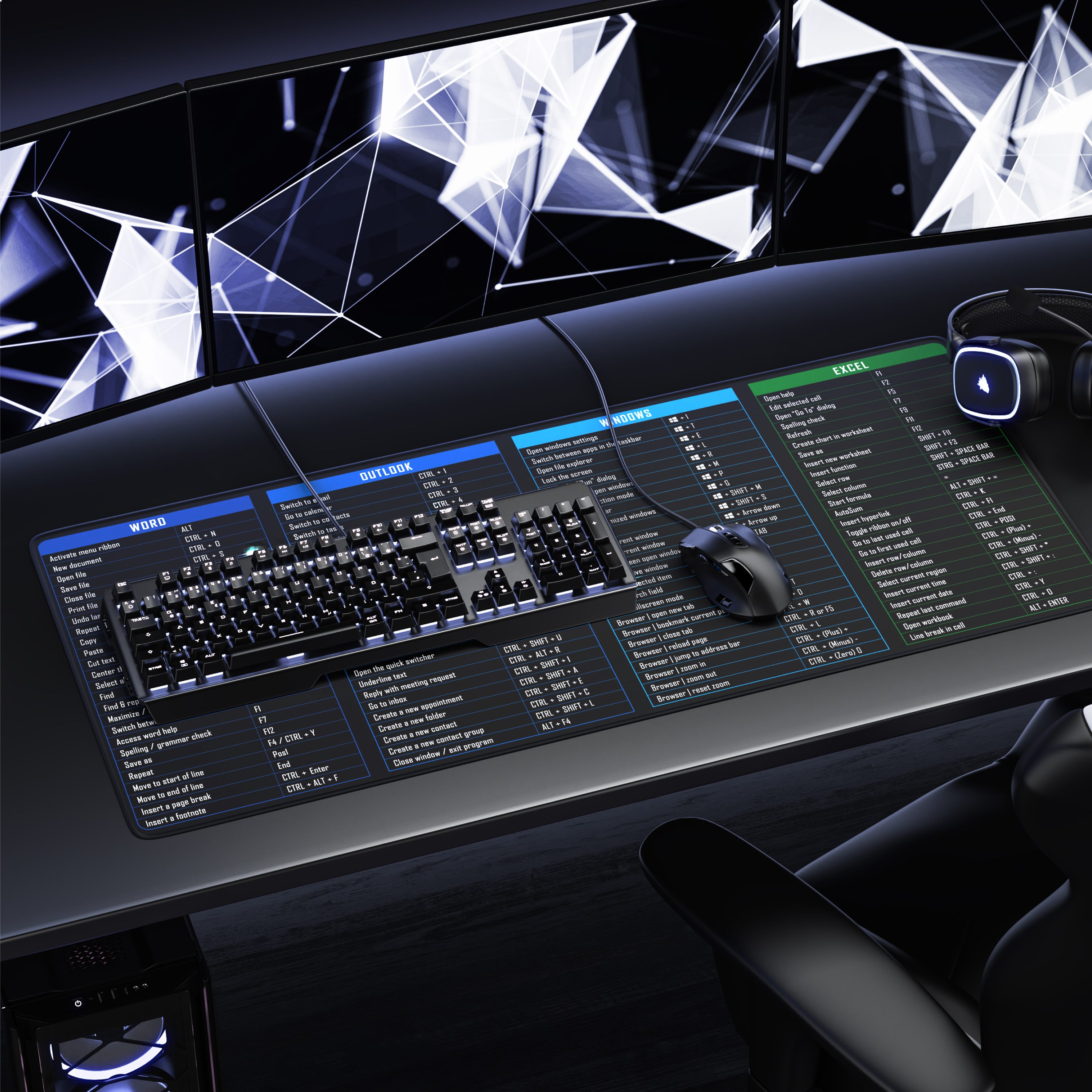 Ein Gaming-Schreibtisch mit drei Monitoren, Tastatur und Maus auf einem Shortcut-Mauspad sowie Kopfhörern.