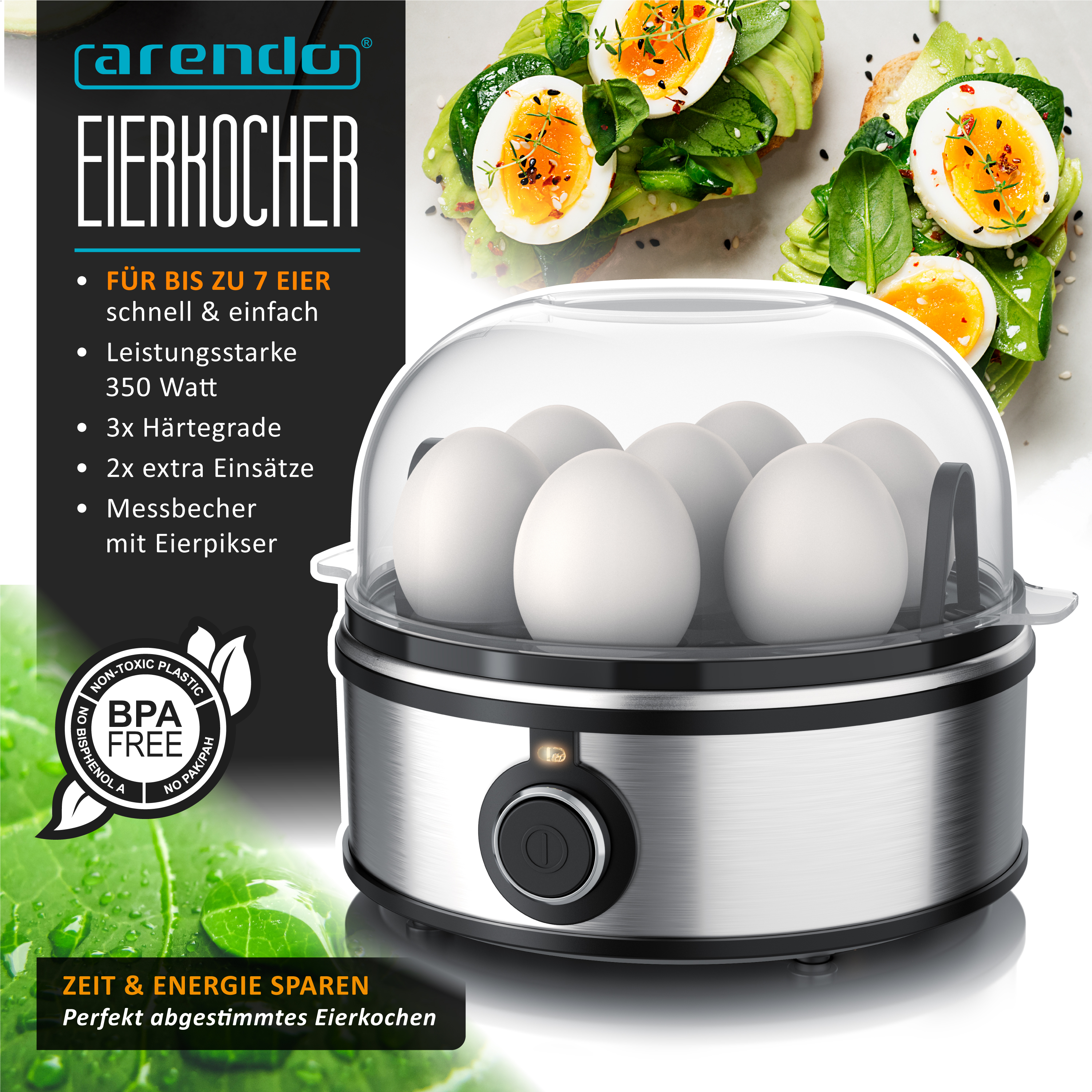 Arendo Eierkocher mit Edelstahlgehäuse und durchsichtigem Deckel voller Eier, mit Avocado-Broten im Hintergrund.