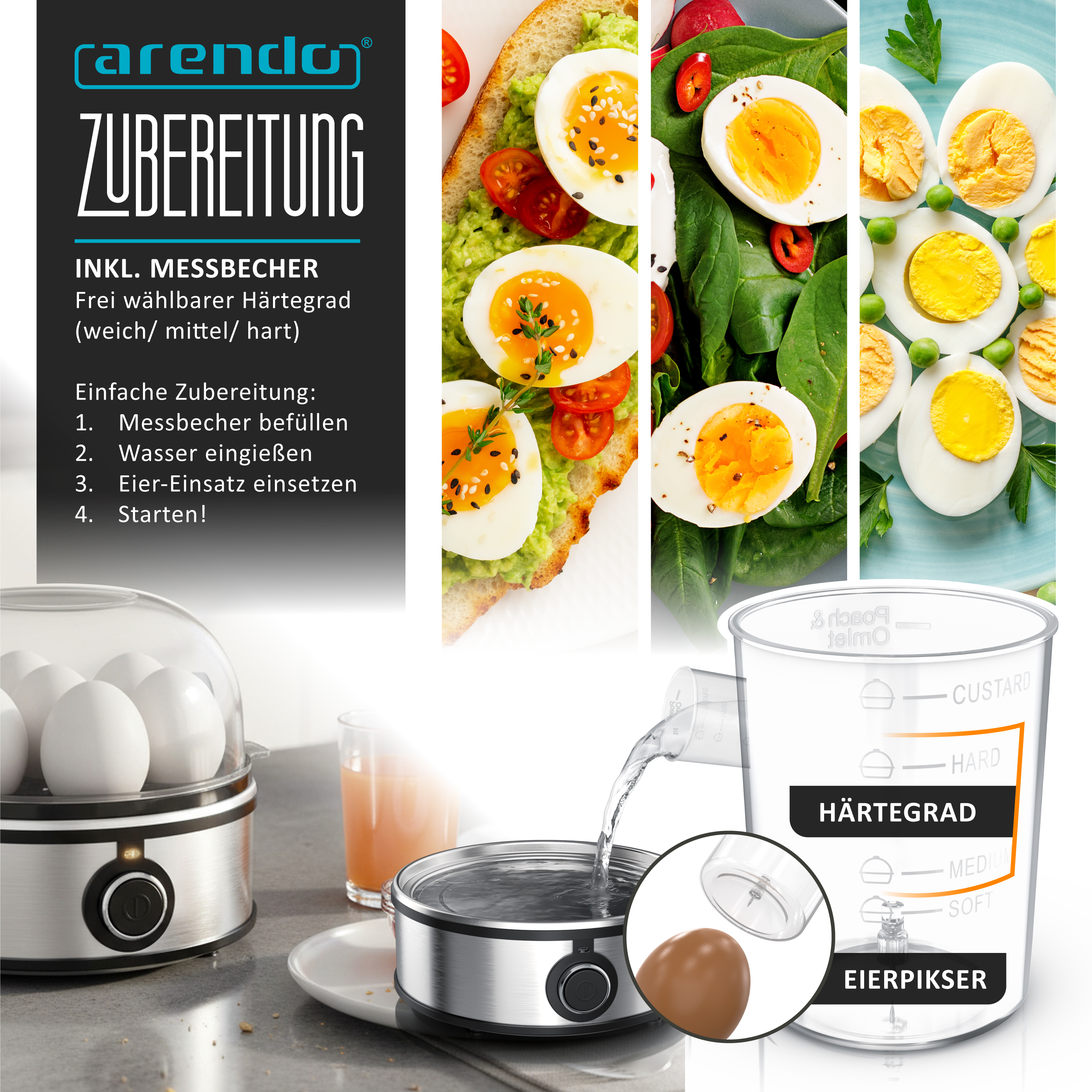 Eierkocher mit Messbecher, Anleitung und servierten Eiergerichten.