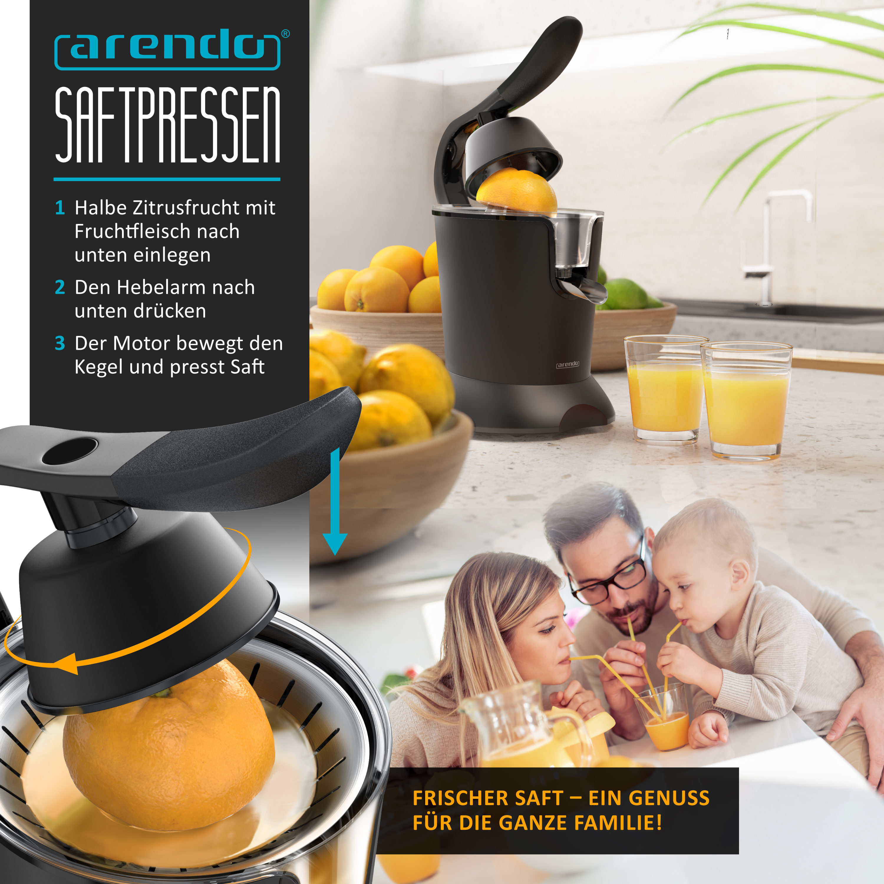 Eine schwarze Arendo Zitruspresse mit Orangen und einer Familie, die frisch gepressten Saft trinkt.