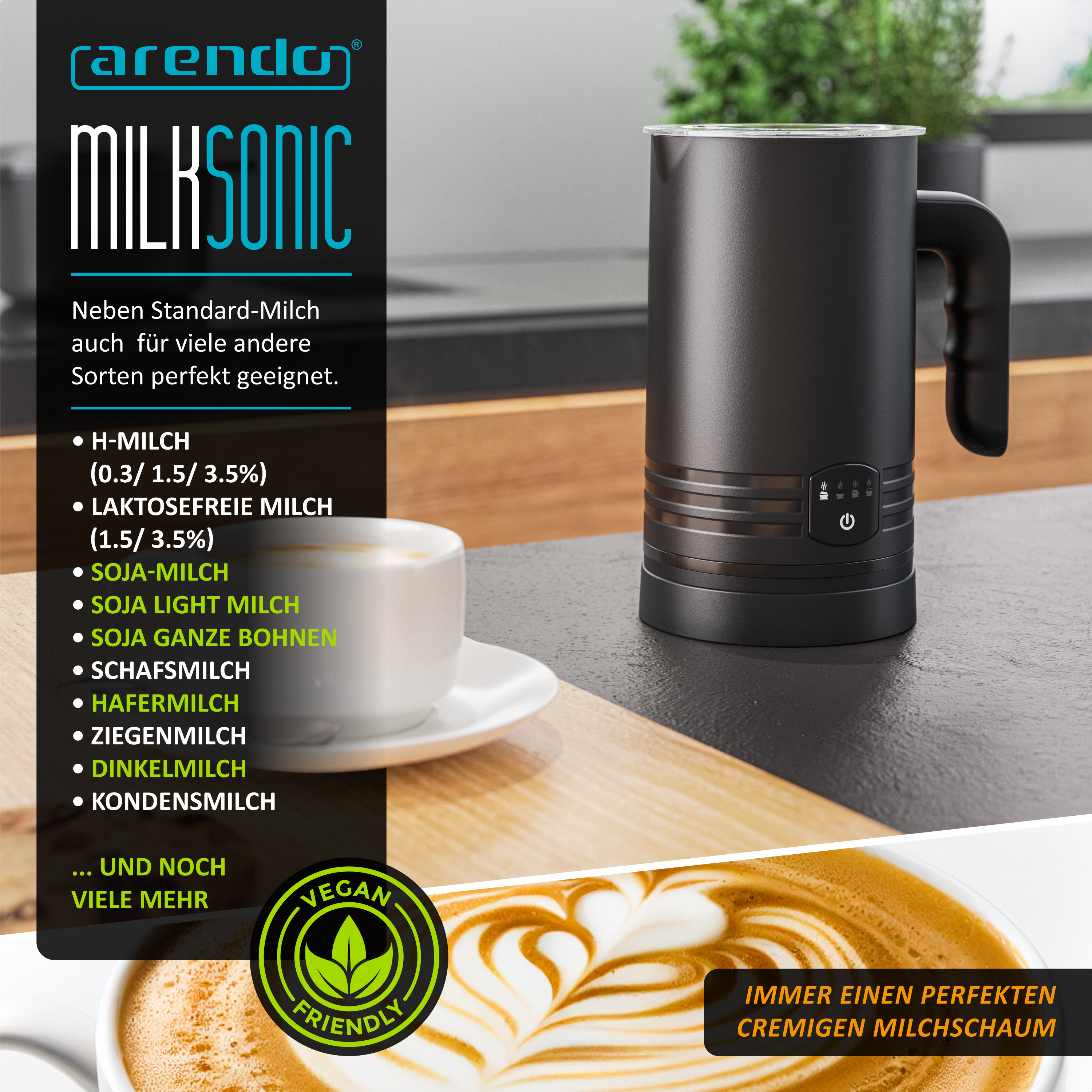 Schwarzer Milchaufschäumer auf Holztresen neben Cappuccino, Werbe-Overlay mit Text.