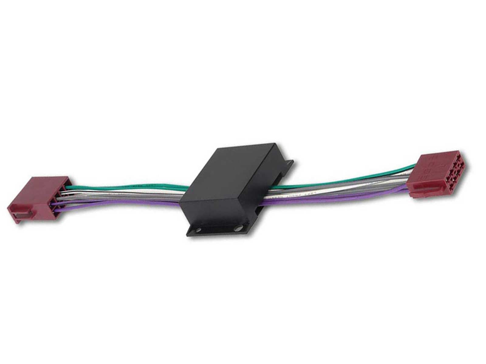 Ein schwarzes Elektronikmodul mit bunten Kabeln und roten Steckern an beiden Enden vor weißem Hintergrund.
