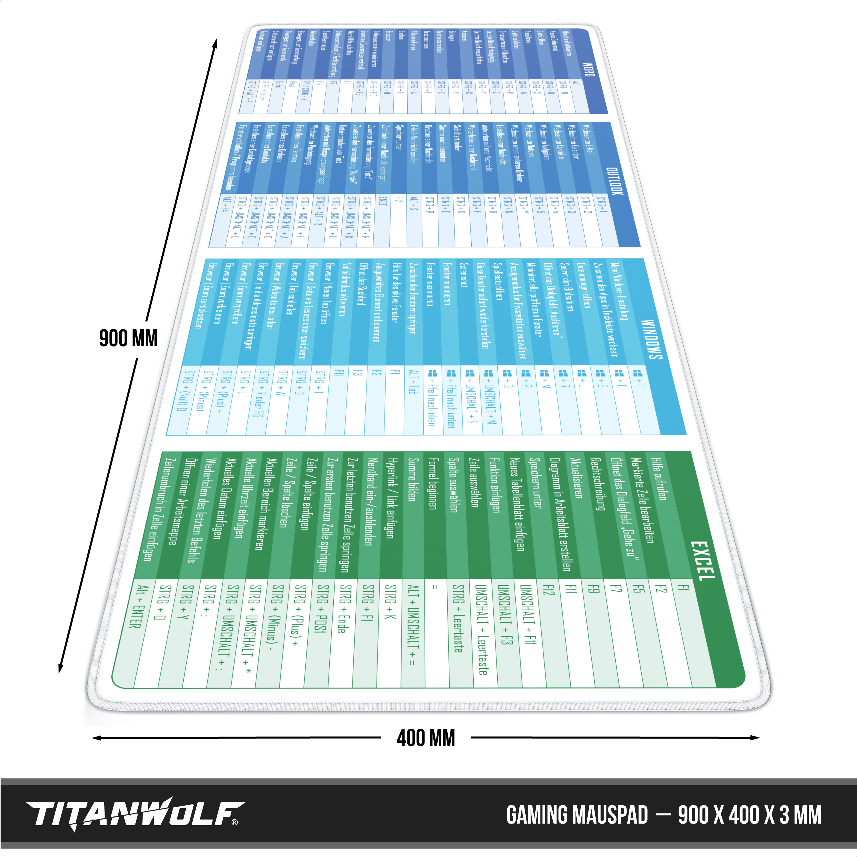 Ein großes Titanwolf Gaming-Mauspad mit Shortcuts für Excel, Word, Outlook und Windows in deutscher Sprache.