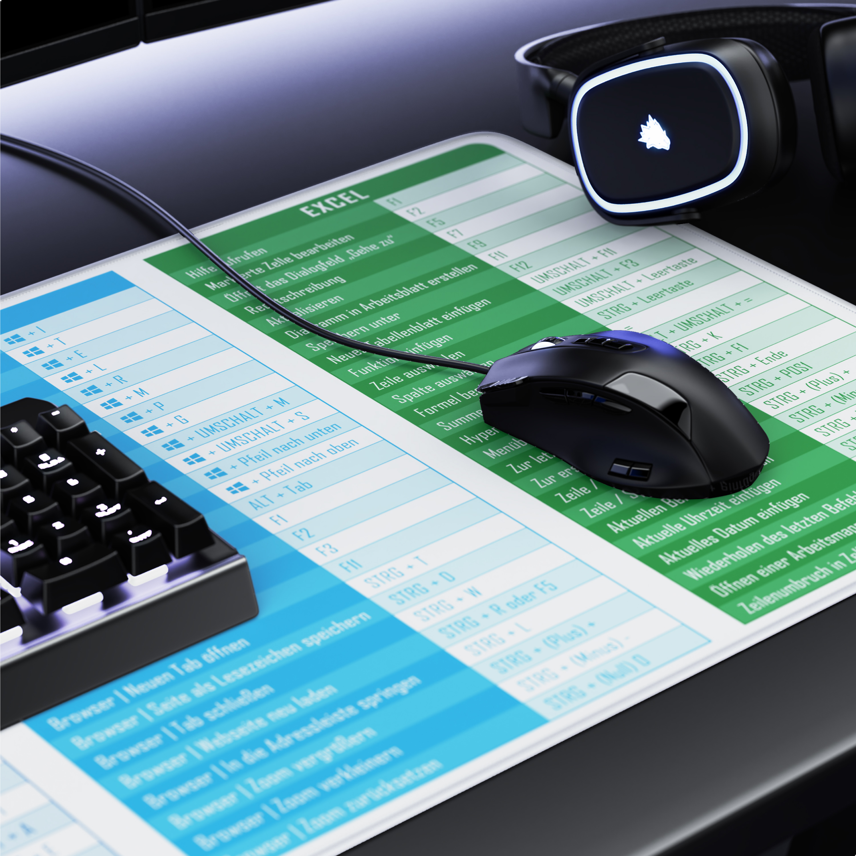 Eine schwarze Computermaus und Tastatur liegen auf einem Excel-Mauspad, daneben leuchtende Kopfhörer.