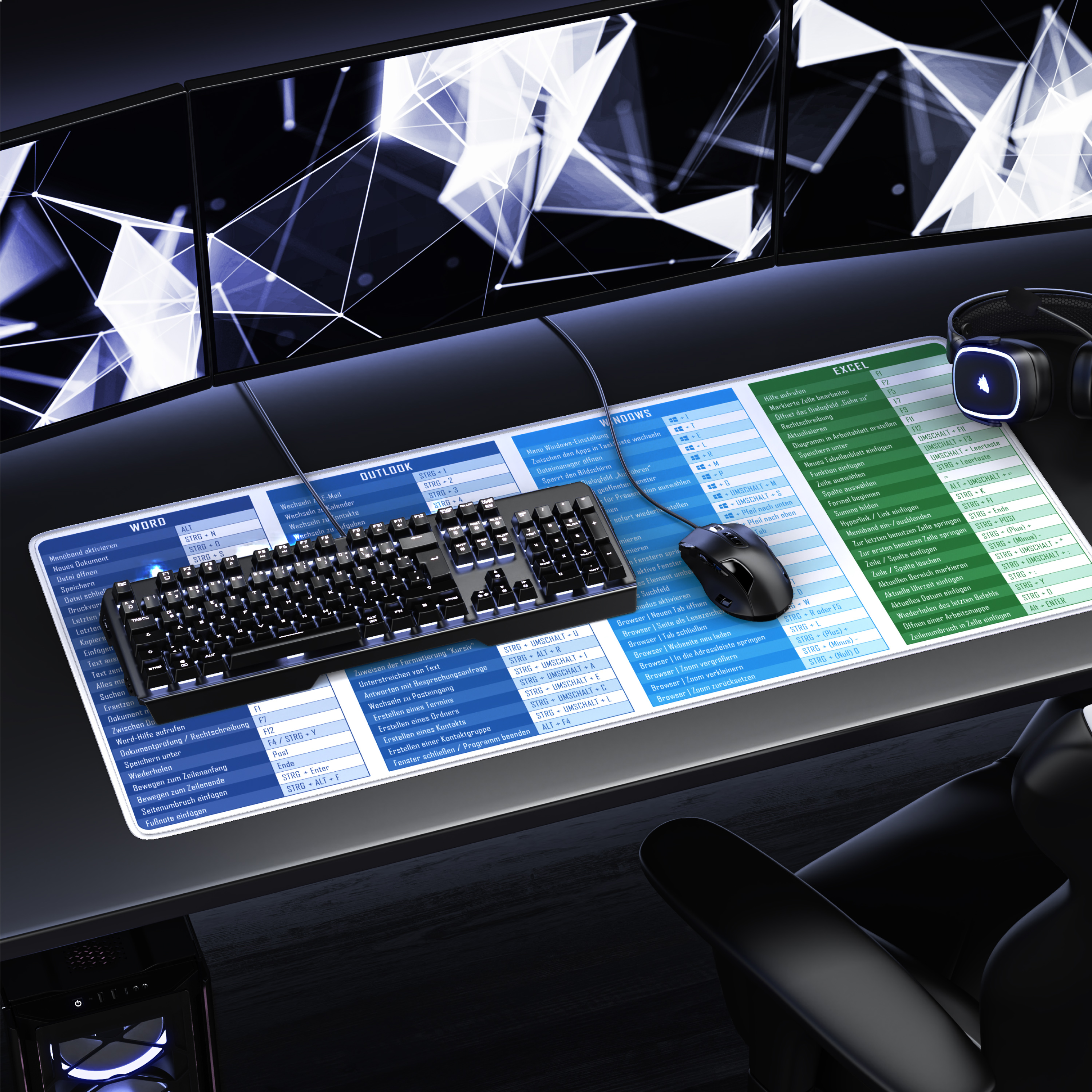 Gaming-Schreibtisch mit vier Monitoren, Tastatur, Maus, Headset und Shortcut-Mauspad.