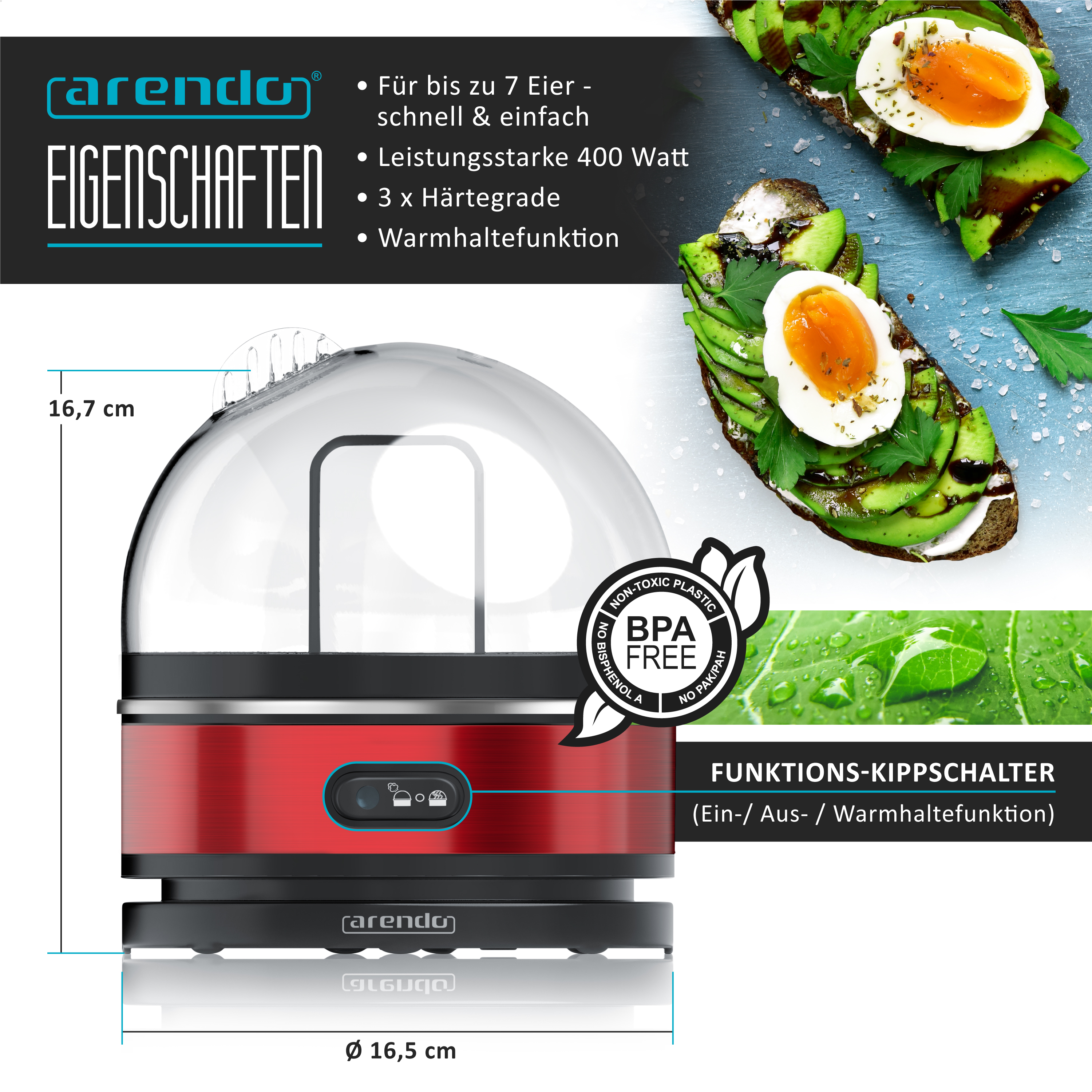 Roter Arendo Eierkocher mit durchsichtiger Haube, deutscher Beschriftung und Avocadobrot-Hintergrund.