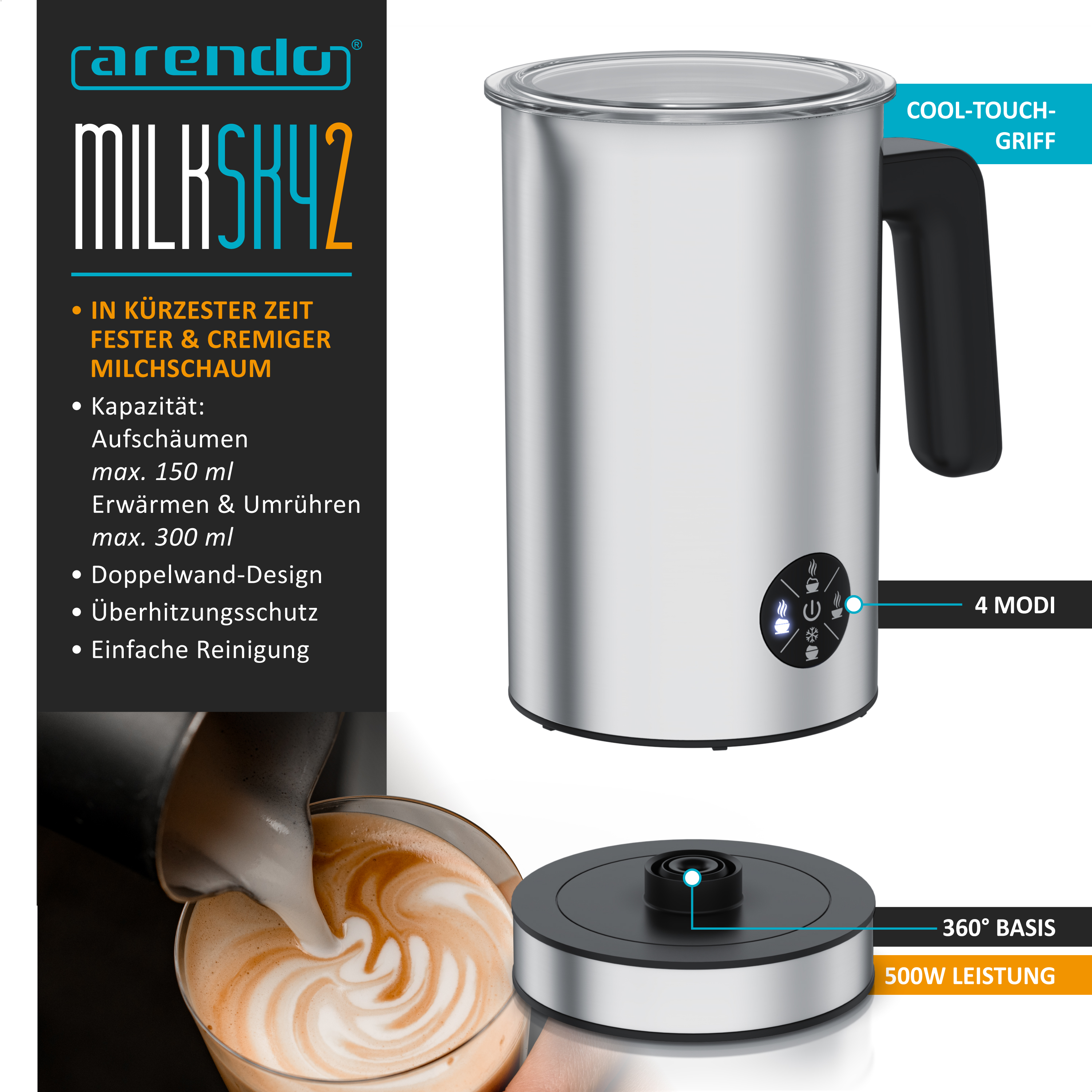 Arendo MilkSky 2 Milchaufschäumer in Edelstahl mit schwarzem Griff, Basis und Textbeschreibung.