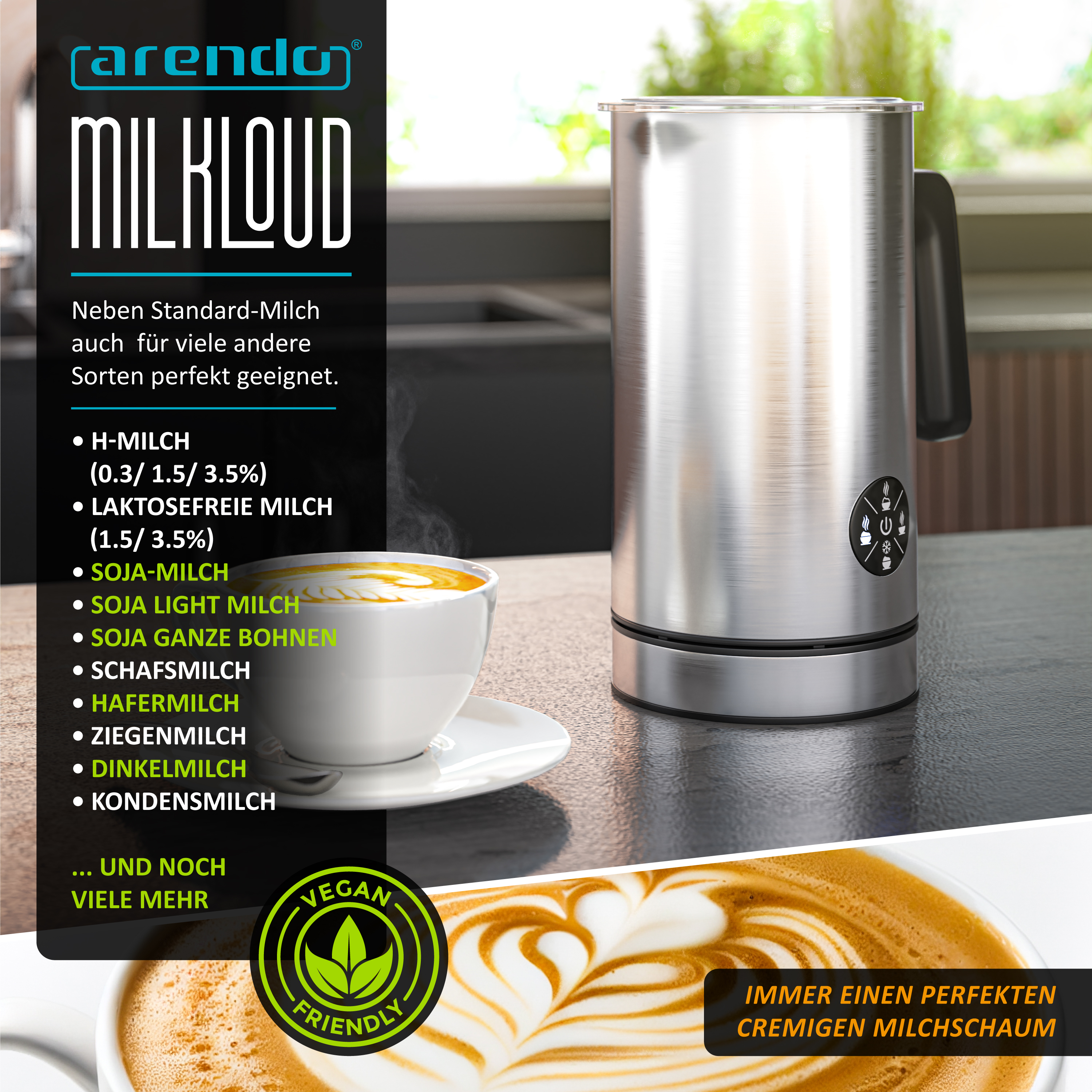 Edelstahl Milchlauch Milchaufschäumer neben einer Tasse Cappuccino auf dunkler Arbeitsplatte.