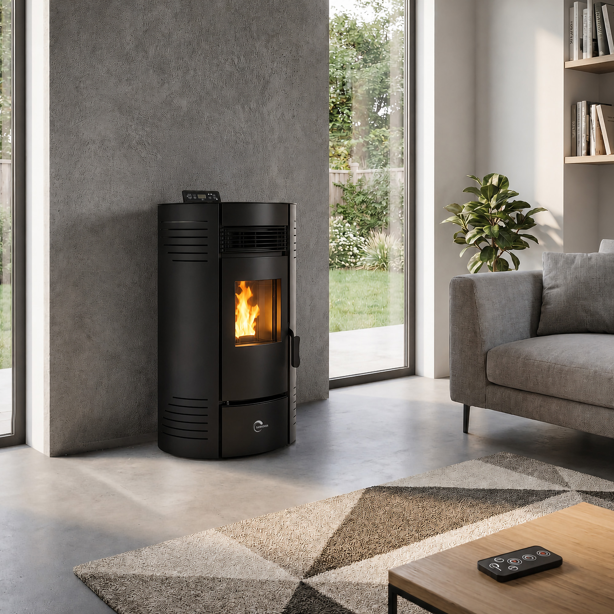 Una estufa de pellets negra arde en un salón moderno con un sofá gris, alfombra estampada y grandes ventanales con jardín.