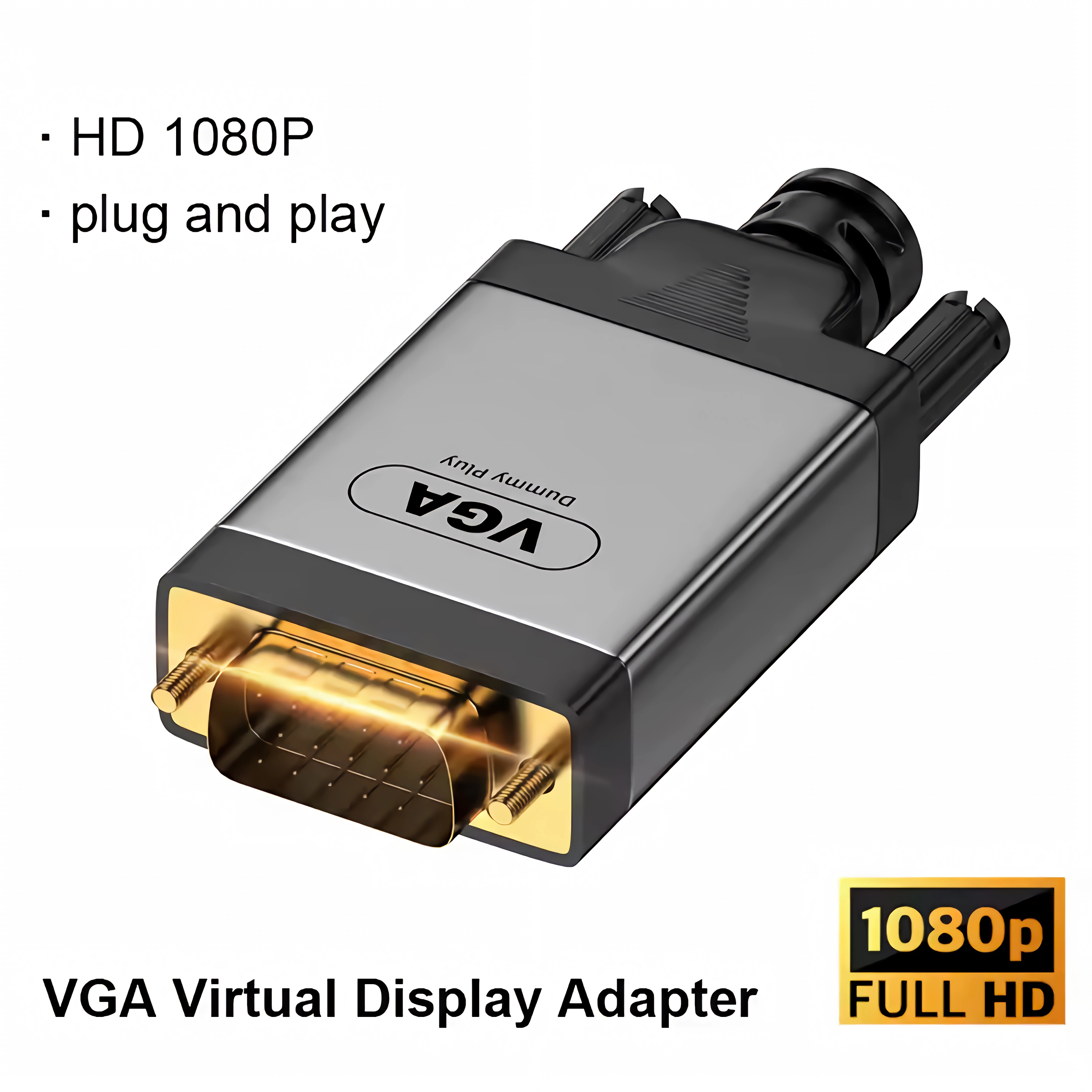 Ein VGA-Dummy-Stecker mit goldenen Pins, schwarzem Gehäuse und silbernem Einsatz, beschriftet mit HD 1080P.