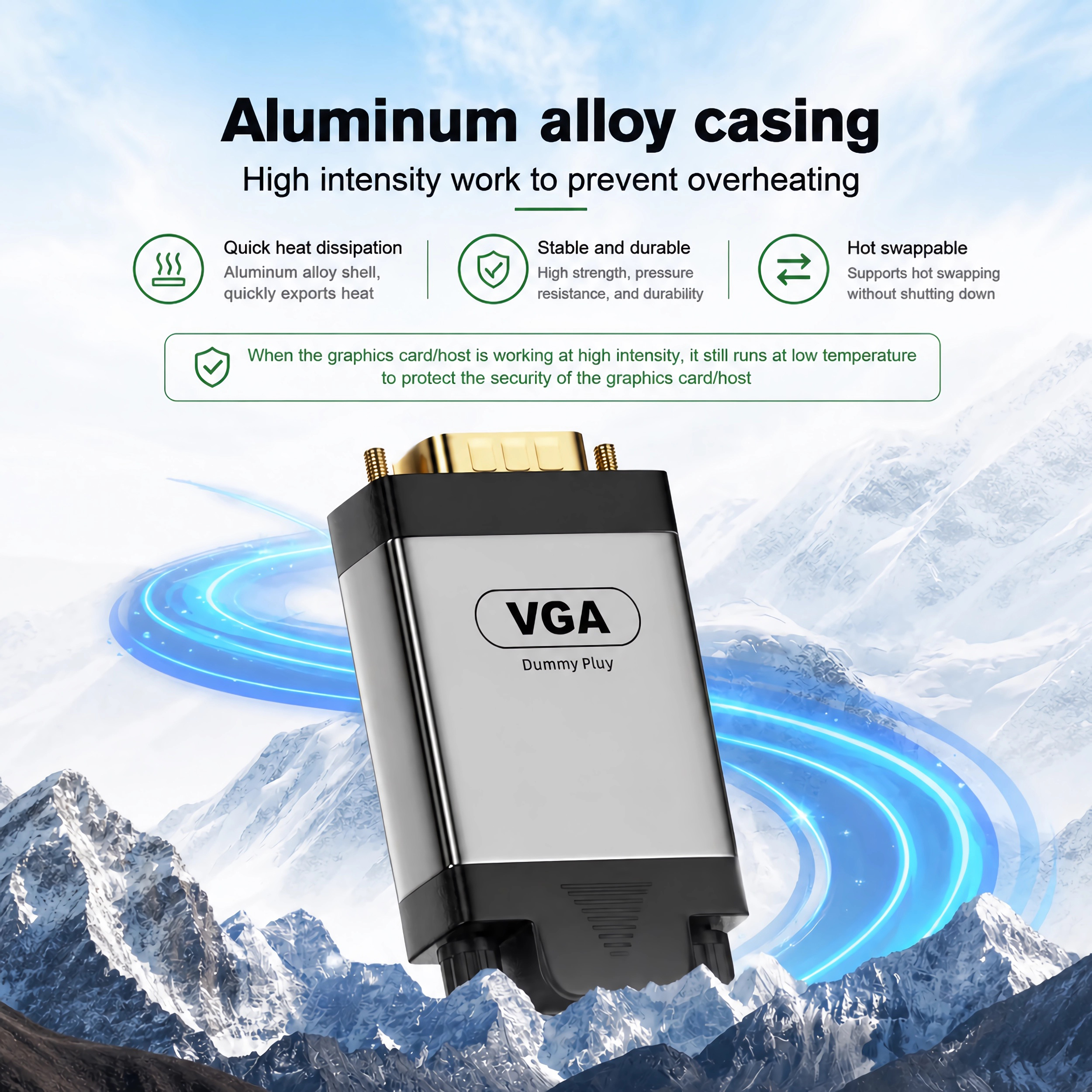 Ein VGA-Dummy-Stecker mit Aluminiumgehäuse vor schneebedecktem Berg und blau leuchtenden Lichtspuren.