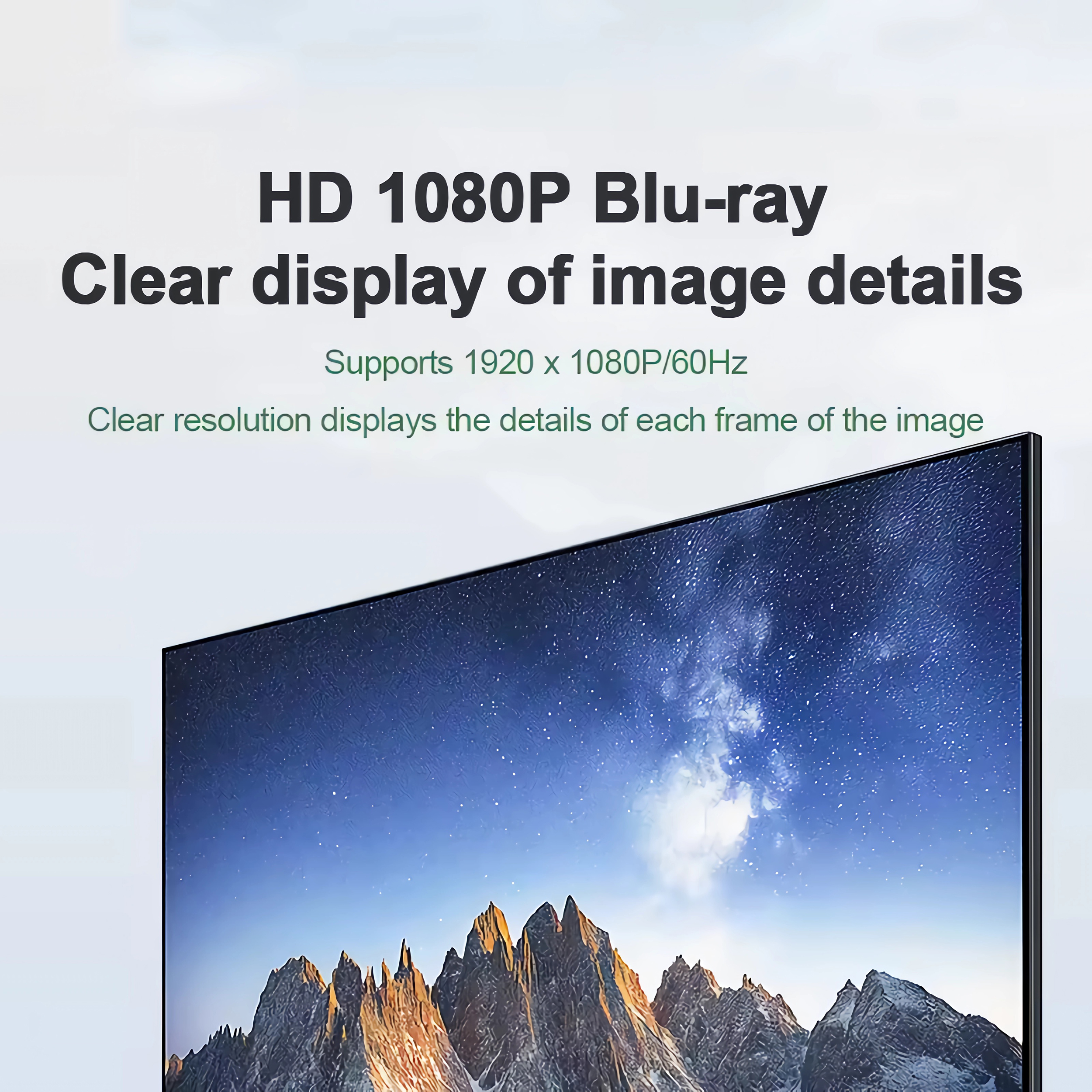 Werbebild für HD 1080P Blu-ray mit einem Bildschirm, der eine Berglandschaft und den Sternenhimmel zeigt.