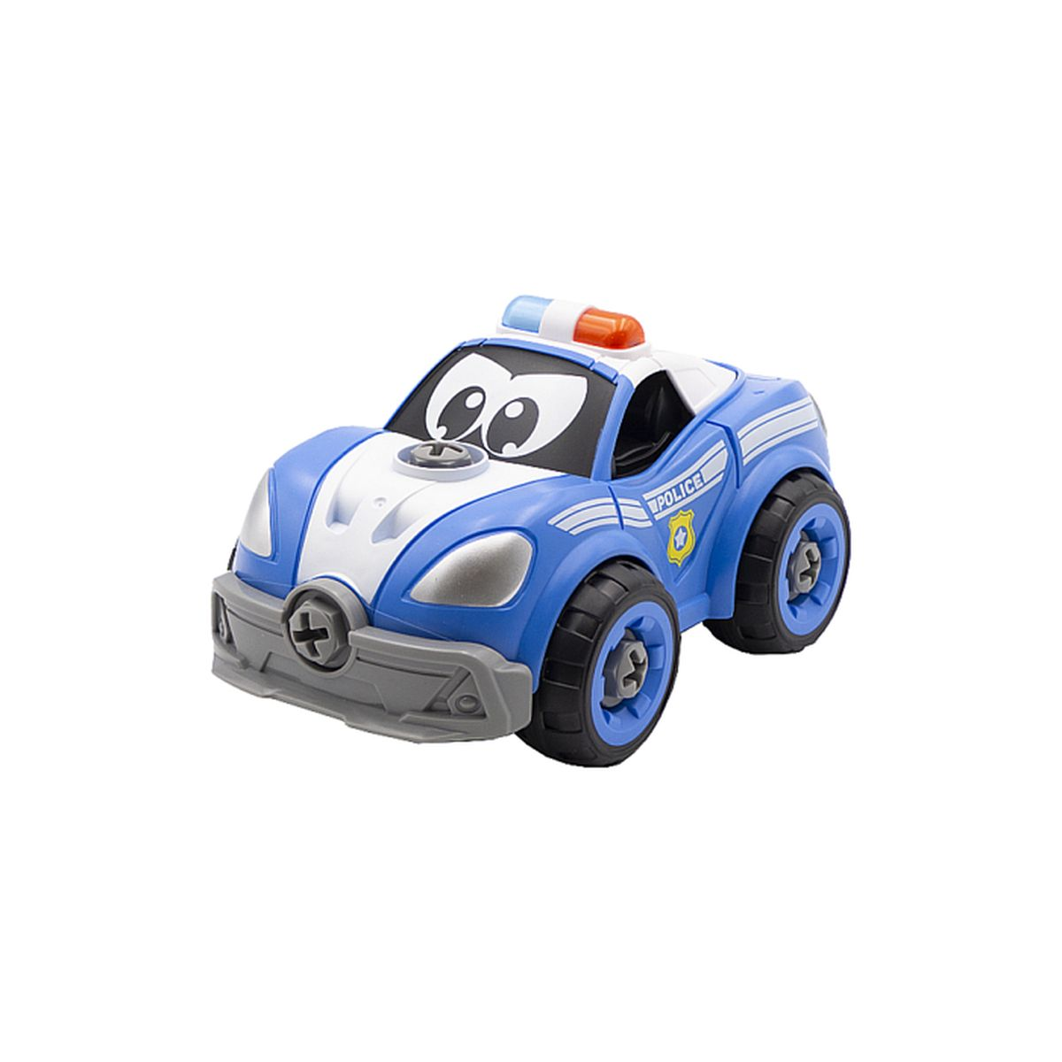 Ein blau-weißes Polizeispielzeugauto mit großen Kulleraugen auf der Windschutzscheibe.