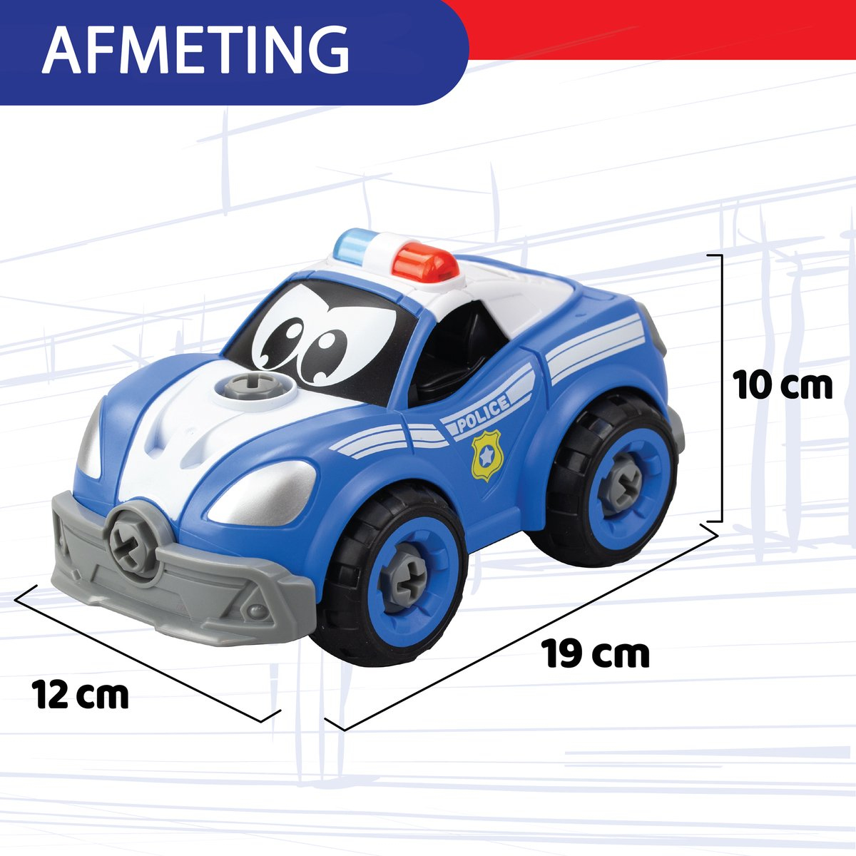 Ein blau-weißes Polizeiauto-Spielzeug mit großen Augen und Maßen von 19x12x10 cm auf weißem Hintergrund.