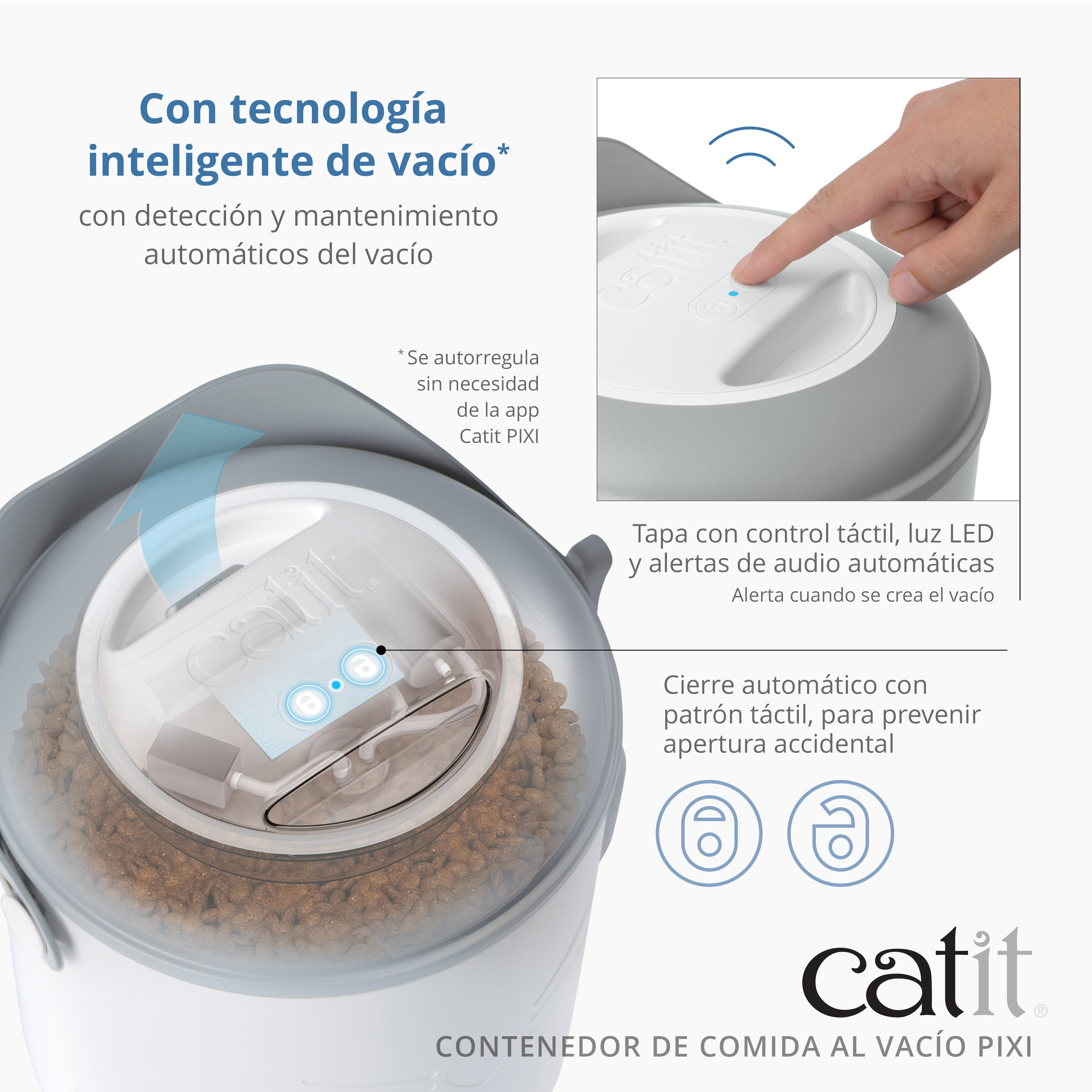 Contenedor de comida al vacío Catit PIXI con tapa táctil, cierre automático y comida seca en su interior.